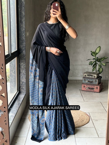 Black & Indigo Blue Modal Silk Ajrakh Saree with Heritage Printed Pallu, Traditional Motifs & Tassel Detailing