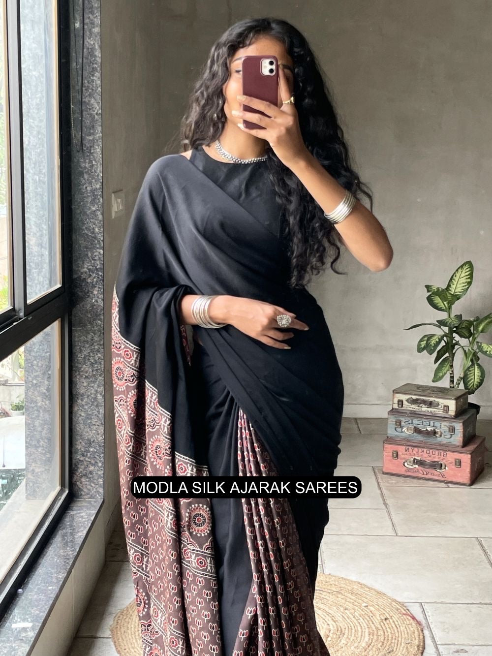 Black Modal Silk Ajrakh Printed Saree with Traditional Heritage Pallu, Intricate Ethnic Motifs & Tassel Detailing