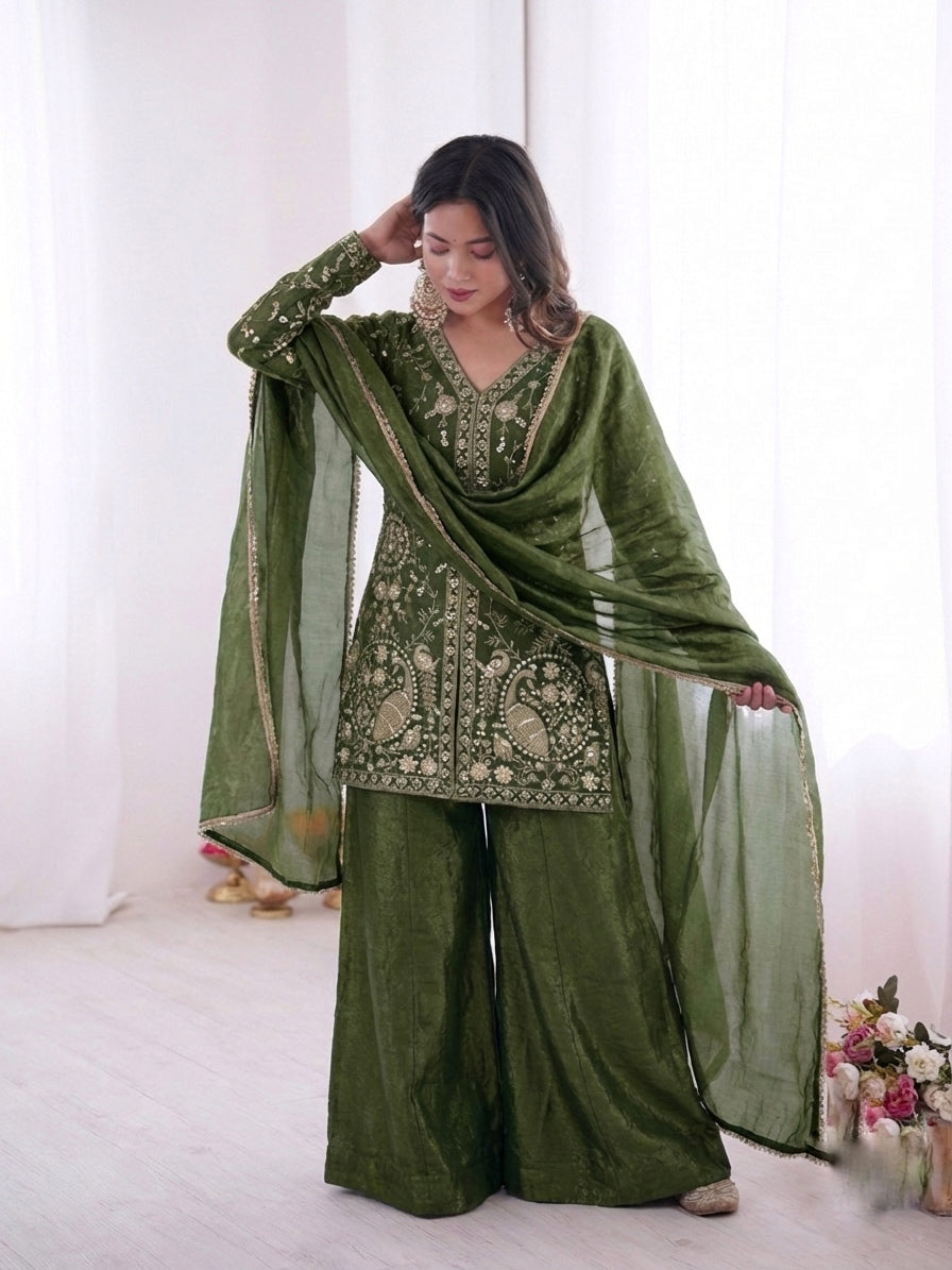 Fendy Silk Embroidered Short Kurta with Sharara & Dupatta Set