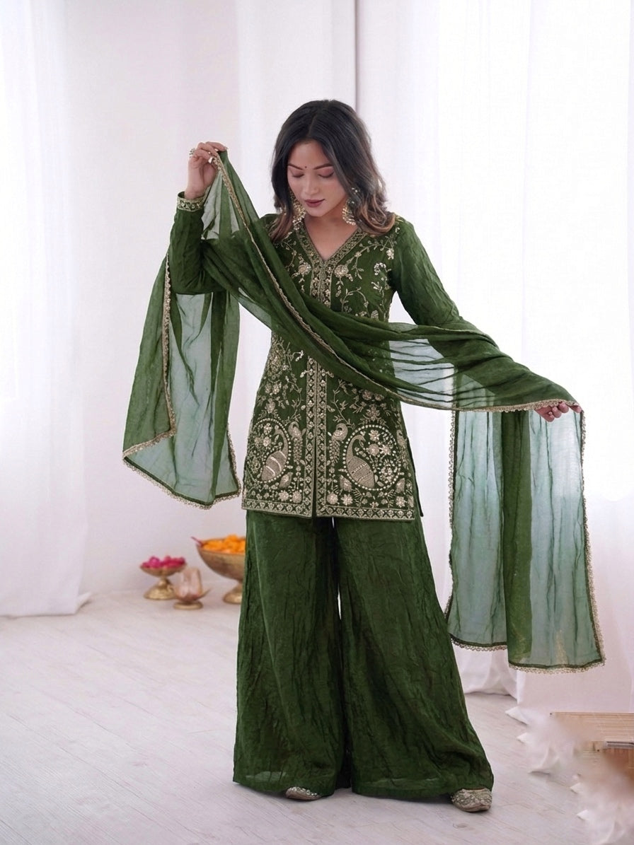 Fendy Silk Embroidered Short Kurta with Sharara & Dupatta Set