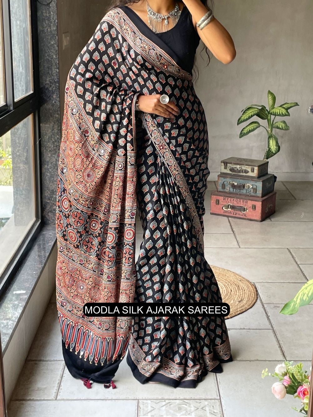 Black Modal Silk Ajrakh Printed Saree with Traditional Buta Motifs, Heritage Artistic Pallu & Intricate Ethnic Border