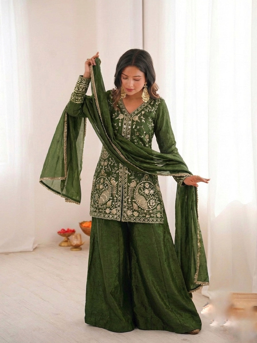 Fendy Silk Embroidered Short Kurta with Sharara & Dupatta Set