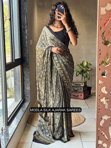 Black Modal Silk Ajrakh Printed Saree with Heritage Geometric Motifs, Traditional Border & Artistic Ethnic Pallu