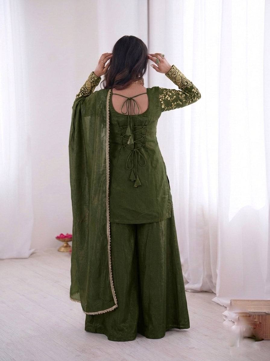 Fendy Silk Embroidered Short Kurta with Sharara & Dupatta Set