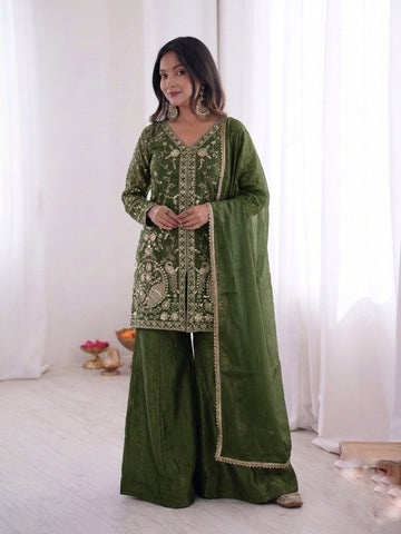 Fendy Silk Embroidered Short Kurta with Sharara & Dupatta Set