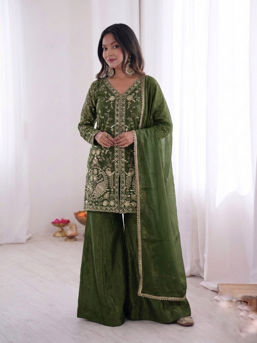 Fendy Silk Embroidered Short Kurta with Sharara & Dupatta Set