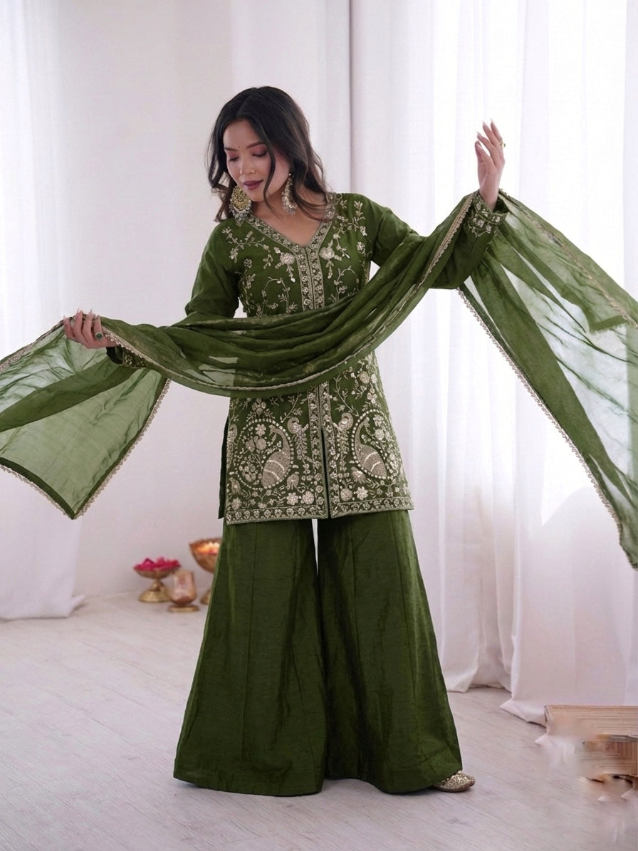 Fendy Silk Embroidered Short Kurta with Sharara & Dupatta Set