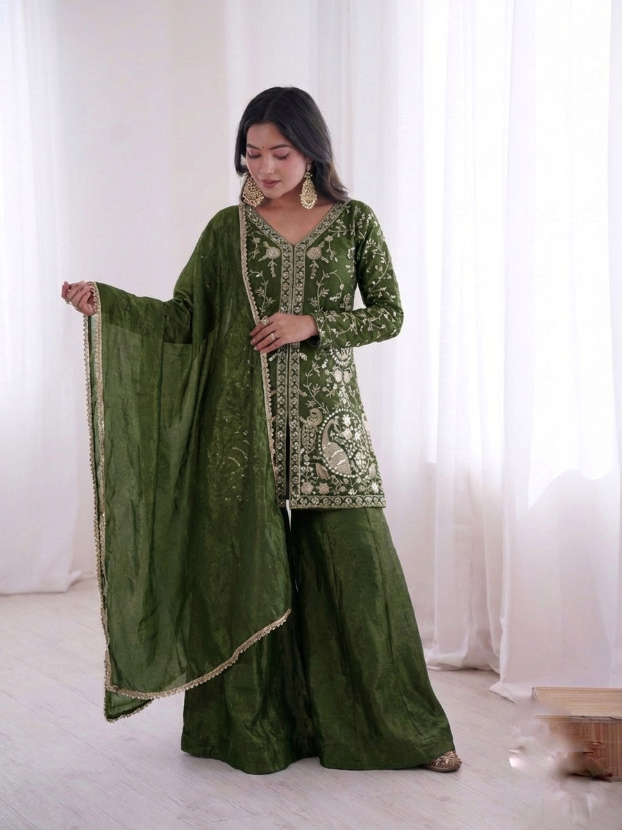 Fendy Silk Embroidered Short Kurta with Sharara & Dupatta Set