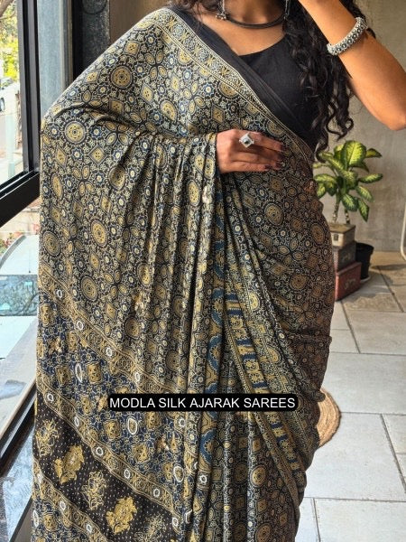 Black Modal Silk Ajrakh Printed Saree with Heritage Geometric Motifs, Traditional Border & Artistic Ethnic Pallu