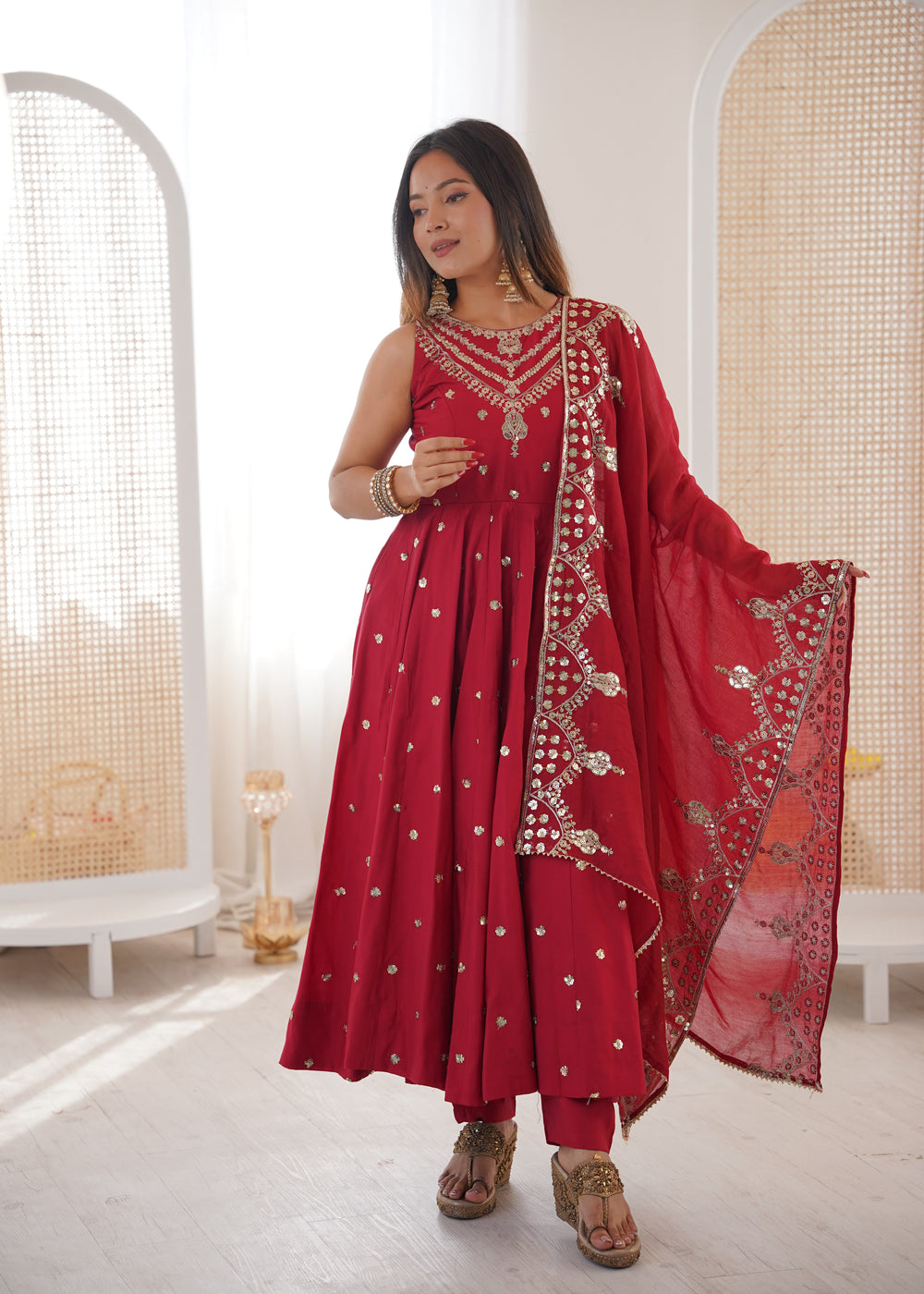Silk Anarkali Gown Set Featuring Intricate Mirror-Work Embroidery