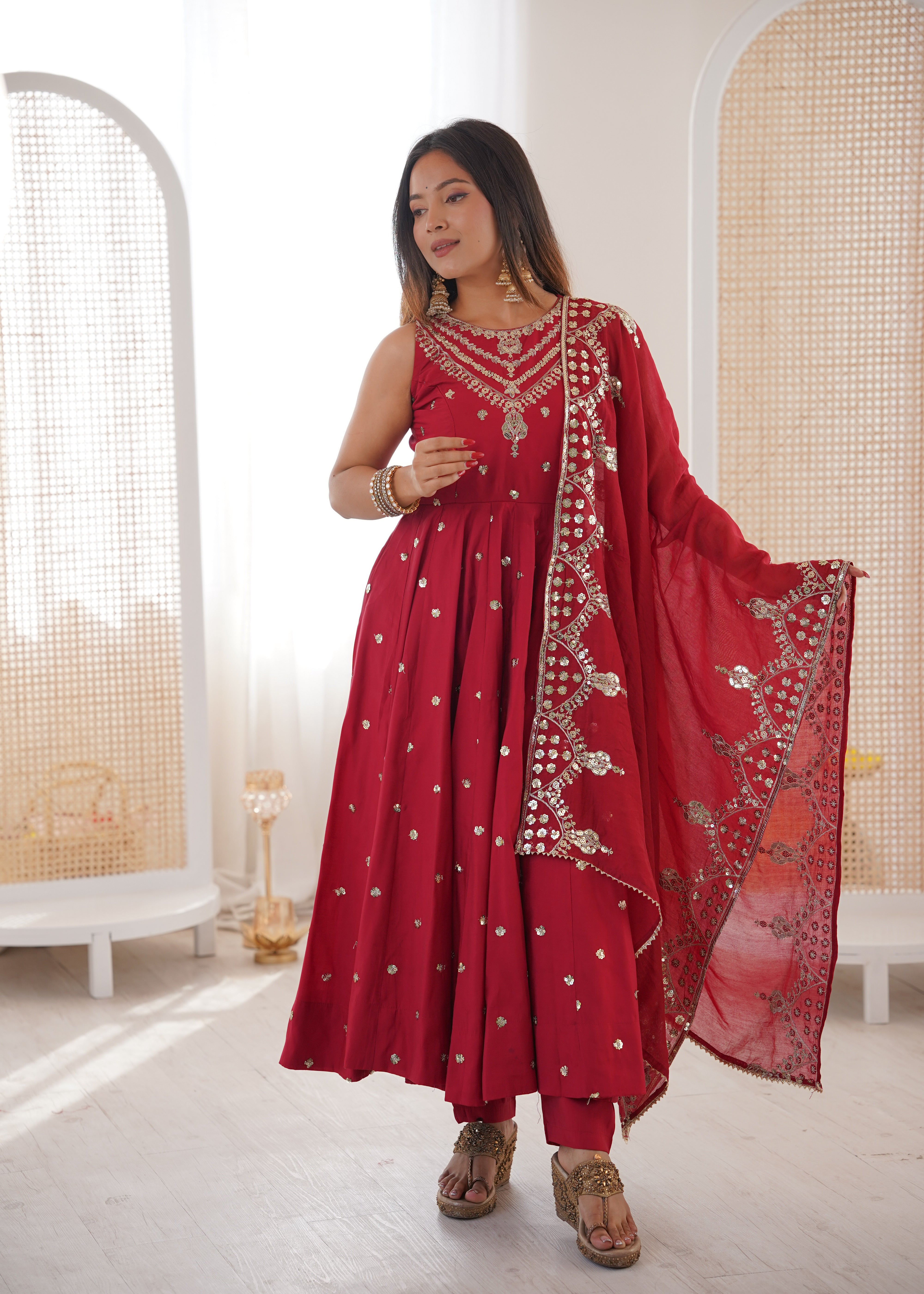 Silk Anarkali Gown Set Featuring Intricate Mirror-Work Embroidery