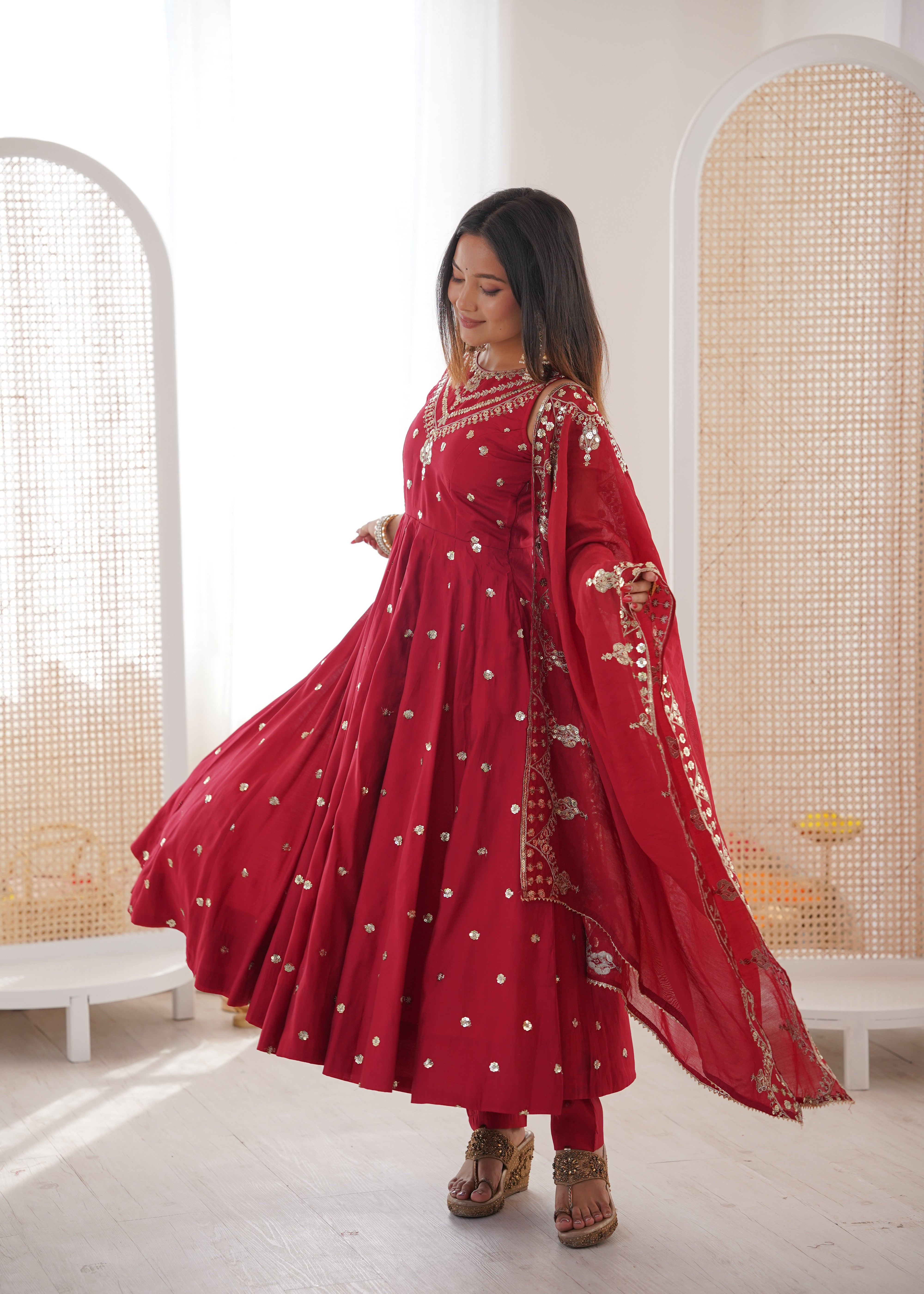 Silk Anarkali Gown Set Featuring Intricate Mirror-Work Embroidery