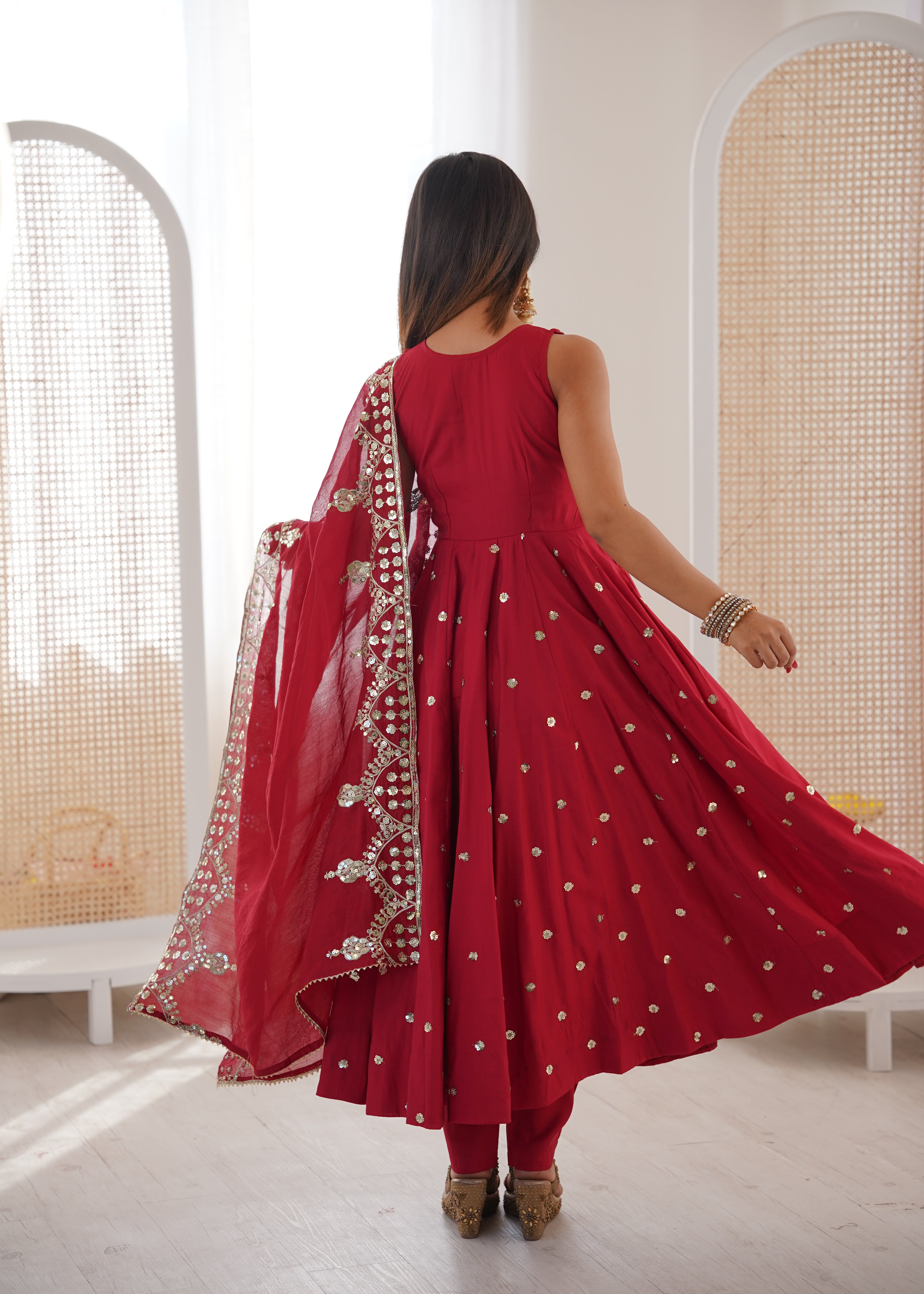 Silk Anarkali Gown Set Featuring Intricate Mirror-Work Embroidery