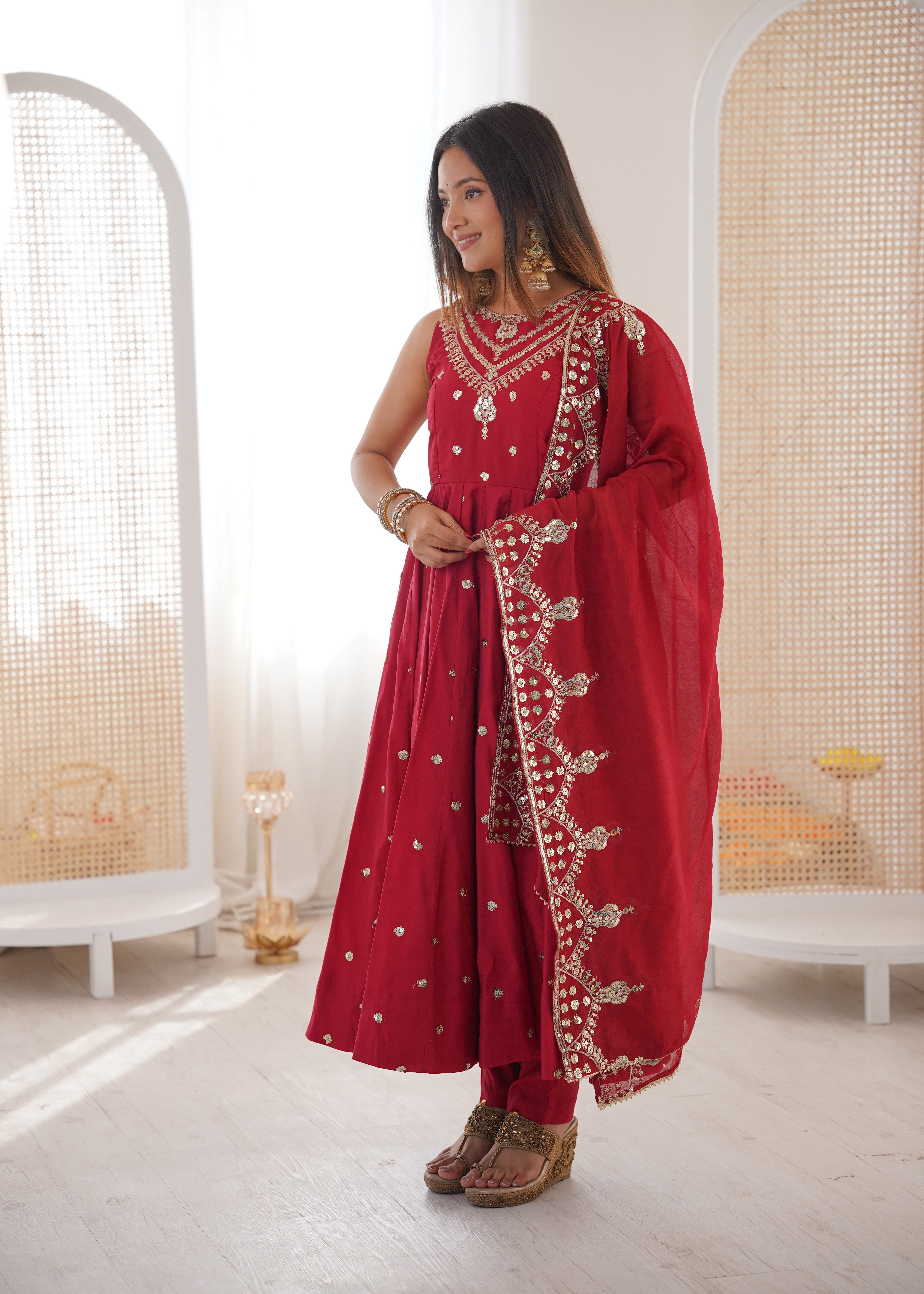 Silk Anarkali Gown Set Featuring Intricate Mirror-Work Embroidery