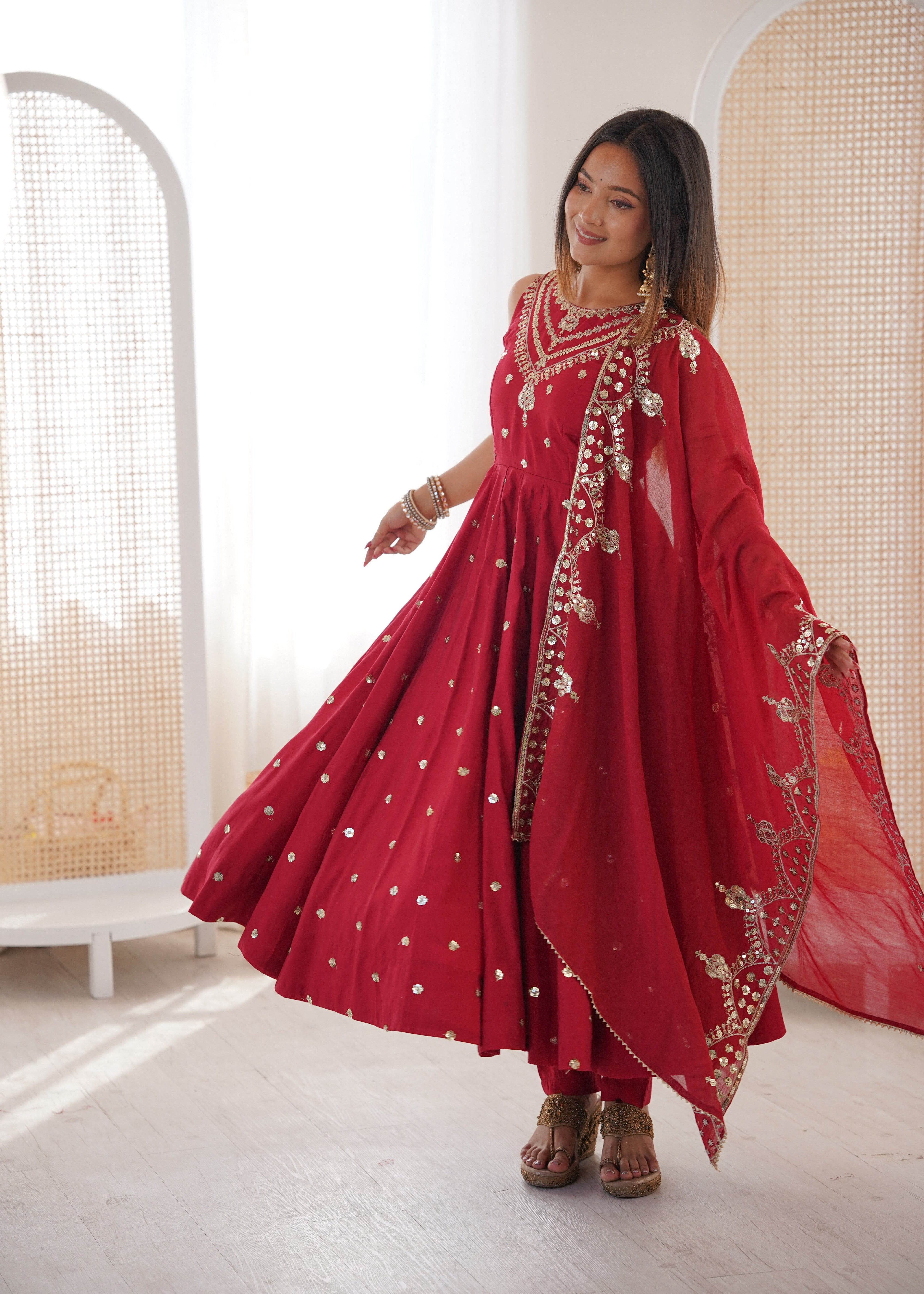 Silk Anarkali Gown Set Featuring Intricate Mirror-Work Embroidery