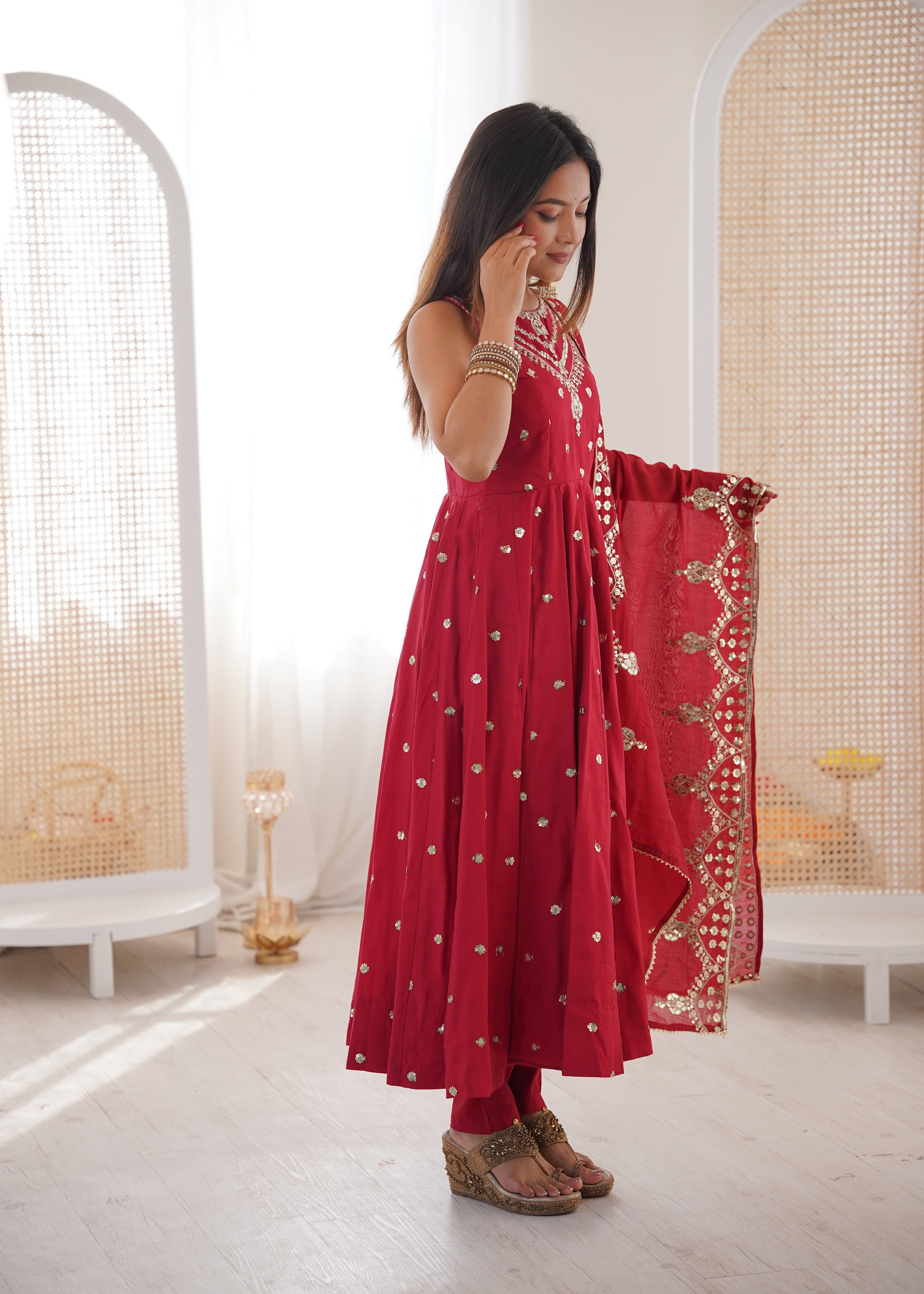 Silk Anarkali Gown Set Featuring Intricate Mirror-Work Embroidery