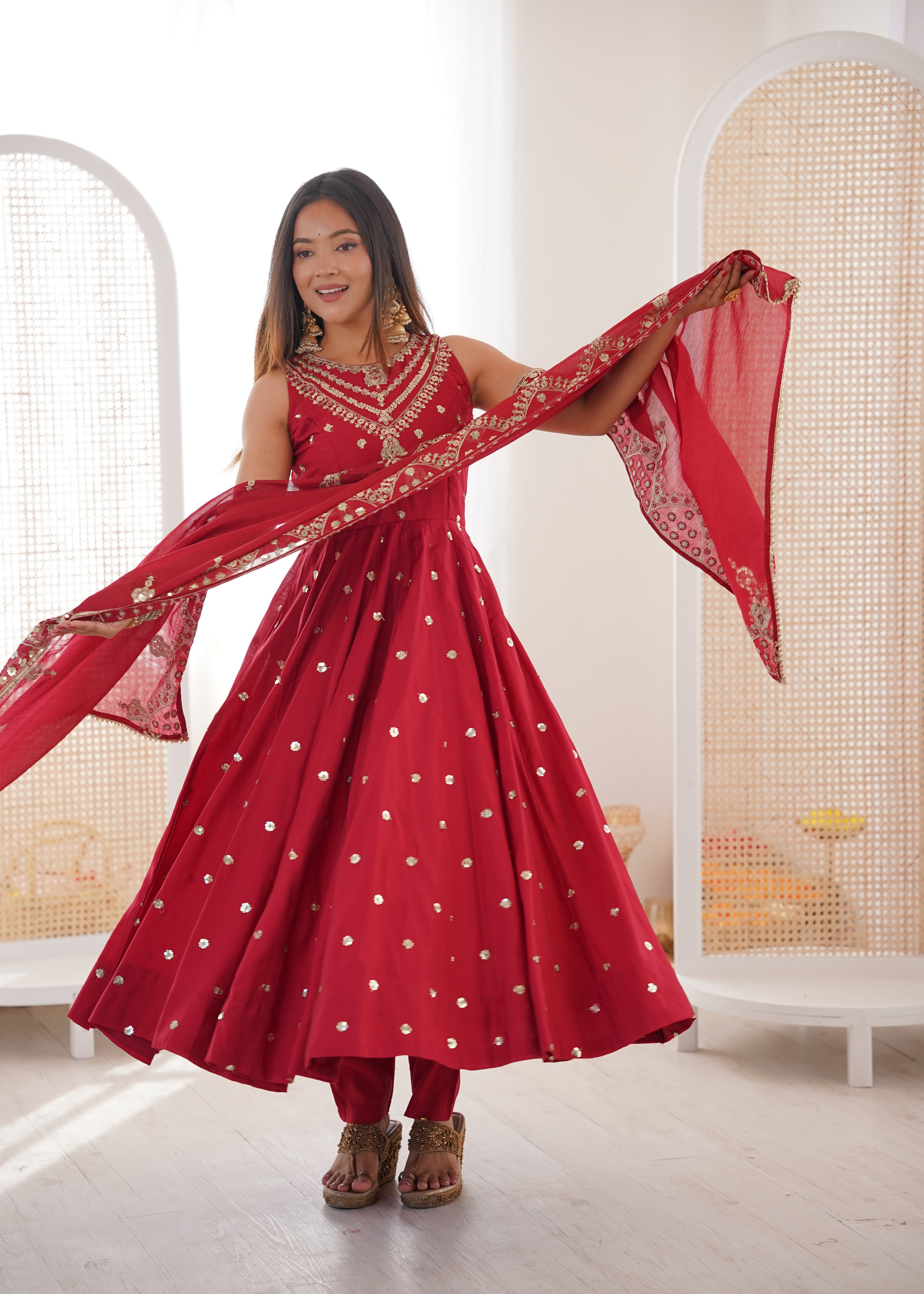 Silk Anarkali Gown Set Featuring Intricate Mirror-Work Embroidery