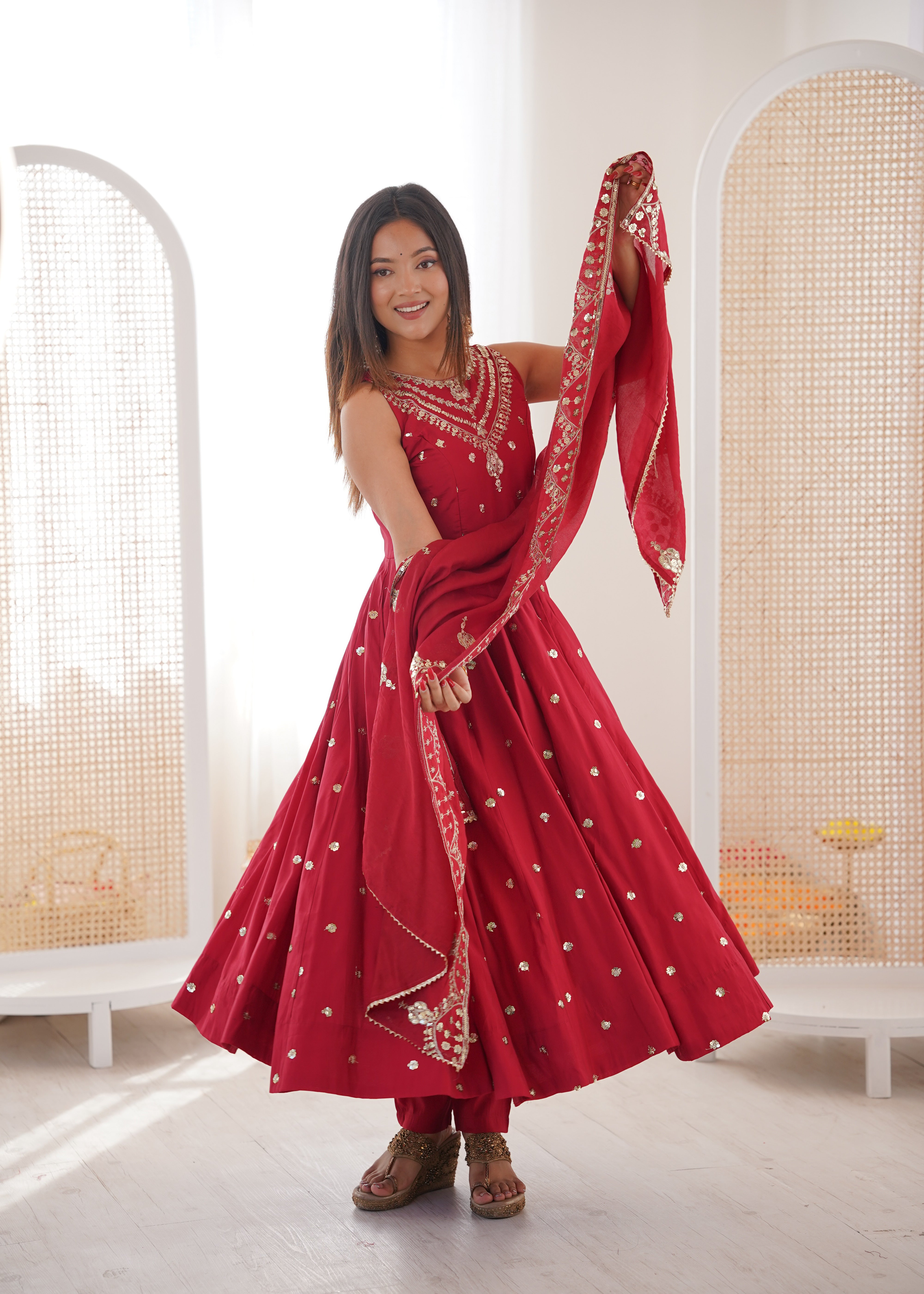 Silk Anarkali Gown Set Featuring Intricate Mirror-Work Embroidery
