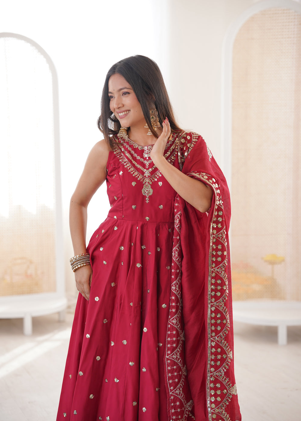 Silk Anarkali Gown Set Featuring Intricate Mirror-Work Embroidery