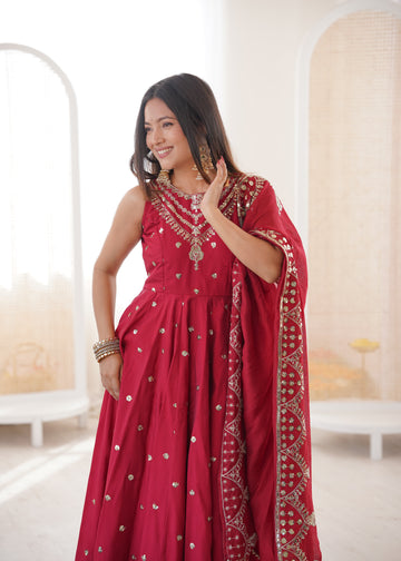 Silk Anarkali Gown Set Featuring Intricate Mirror-Work Embroidery