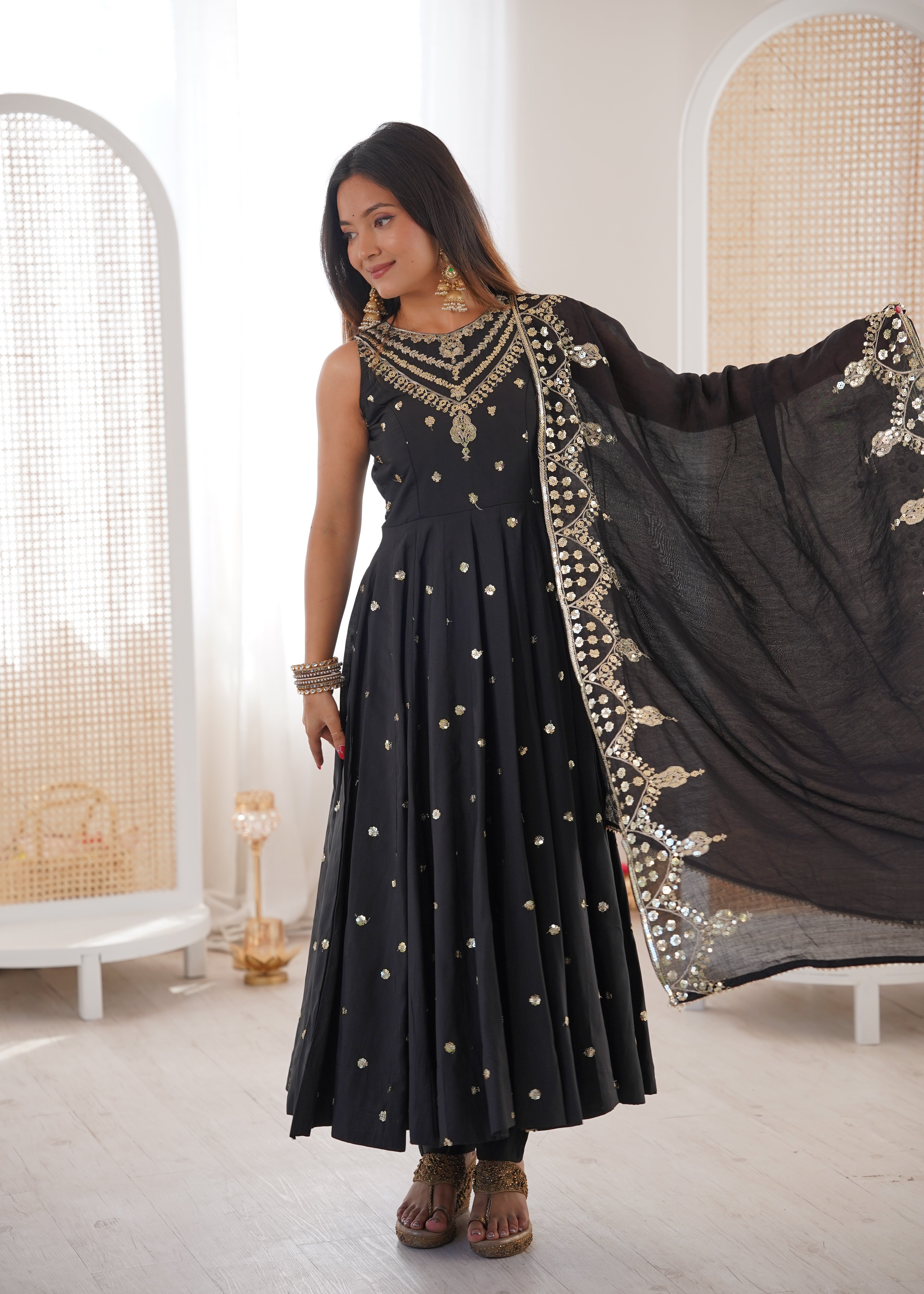 Silk Anarkali Gown Set Featuring Intricate Mirror-Work Embroidery