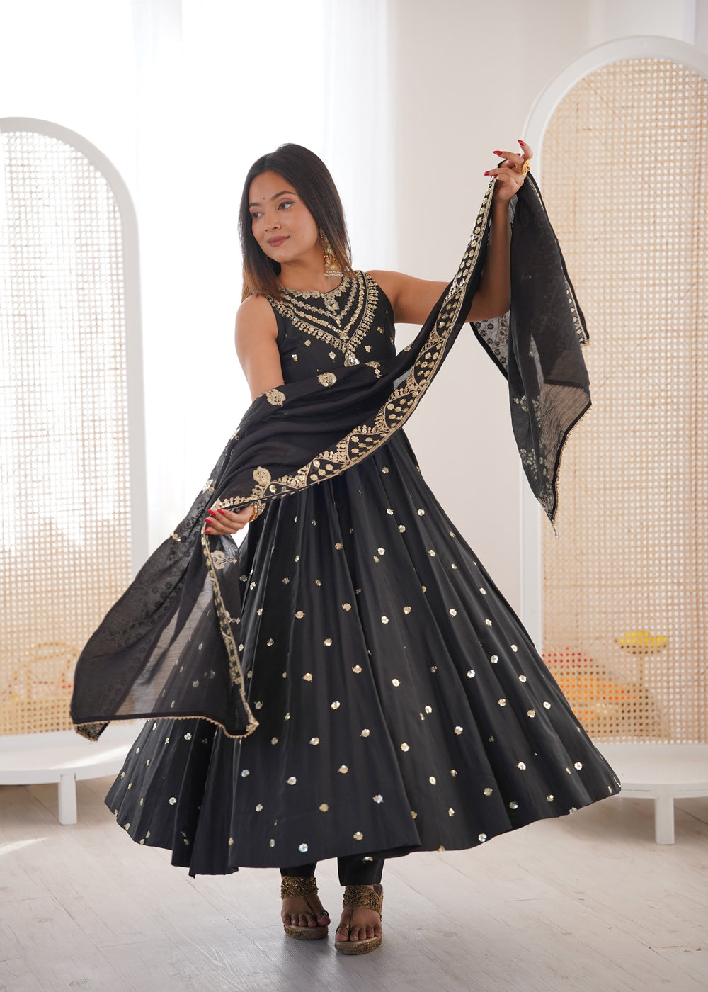 Silk Anarkali Gown Set Featuring Intricate Mirror-Work Embroidery