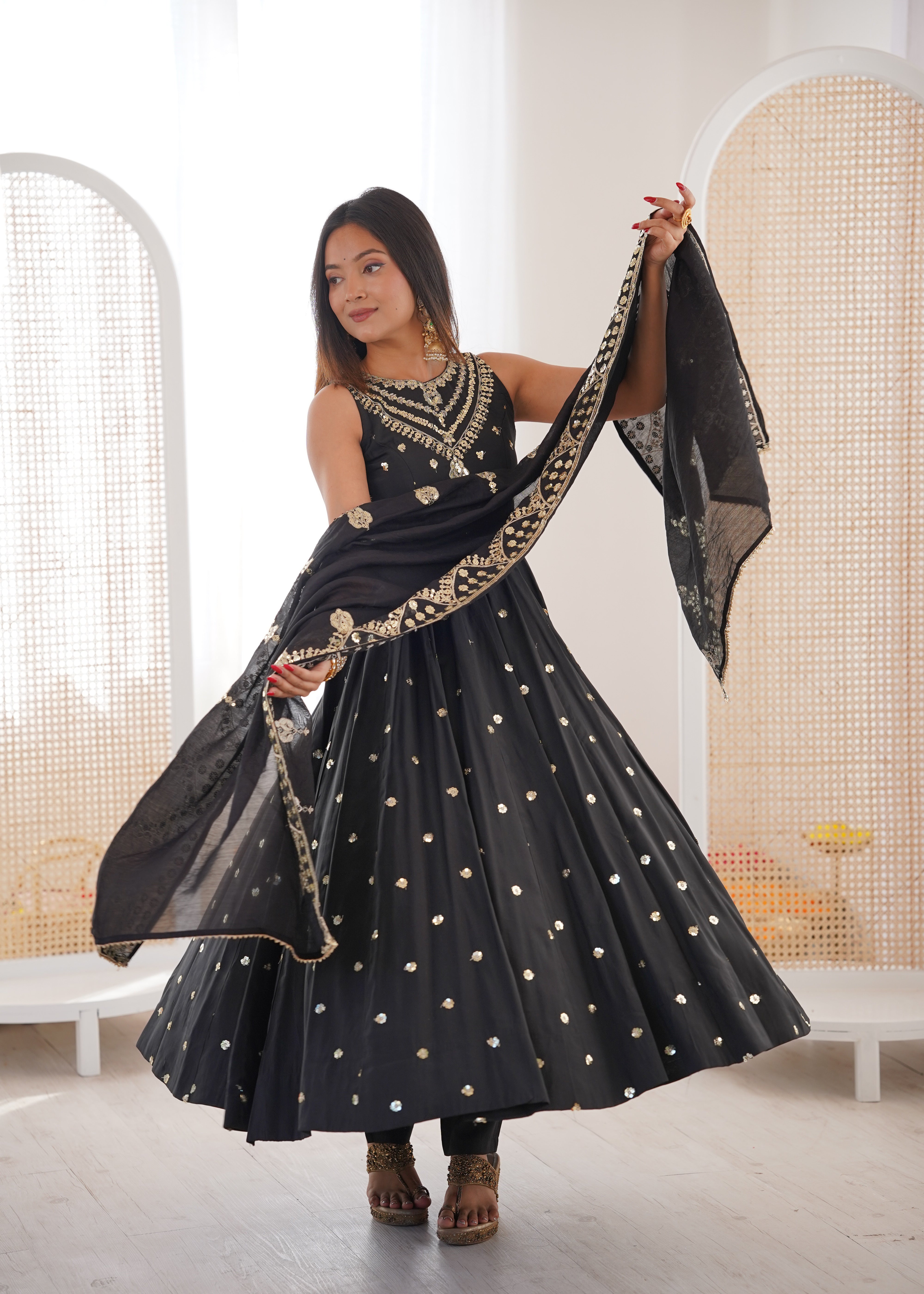 Silk Anarkali Gown Set Featuring Intricate Mirror-Work Embroidery
