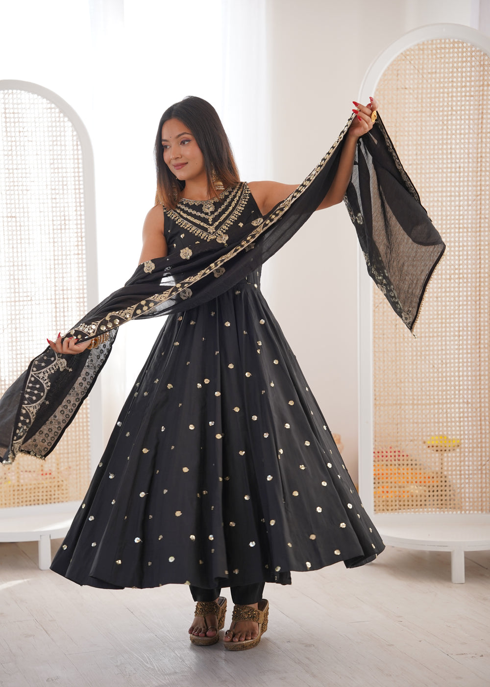 Silk Anarkali Gown Set Featuring Intricate Mirror-Work Embroidery