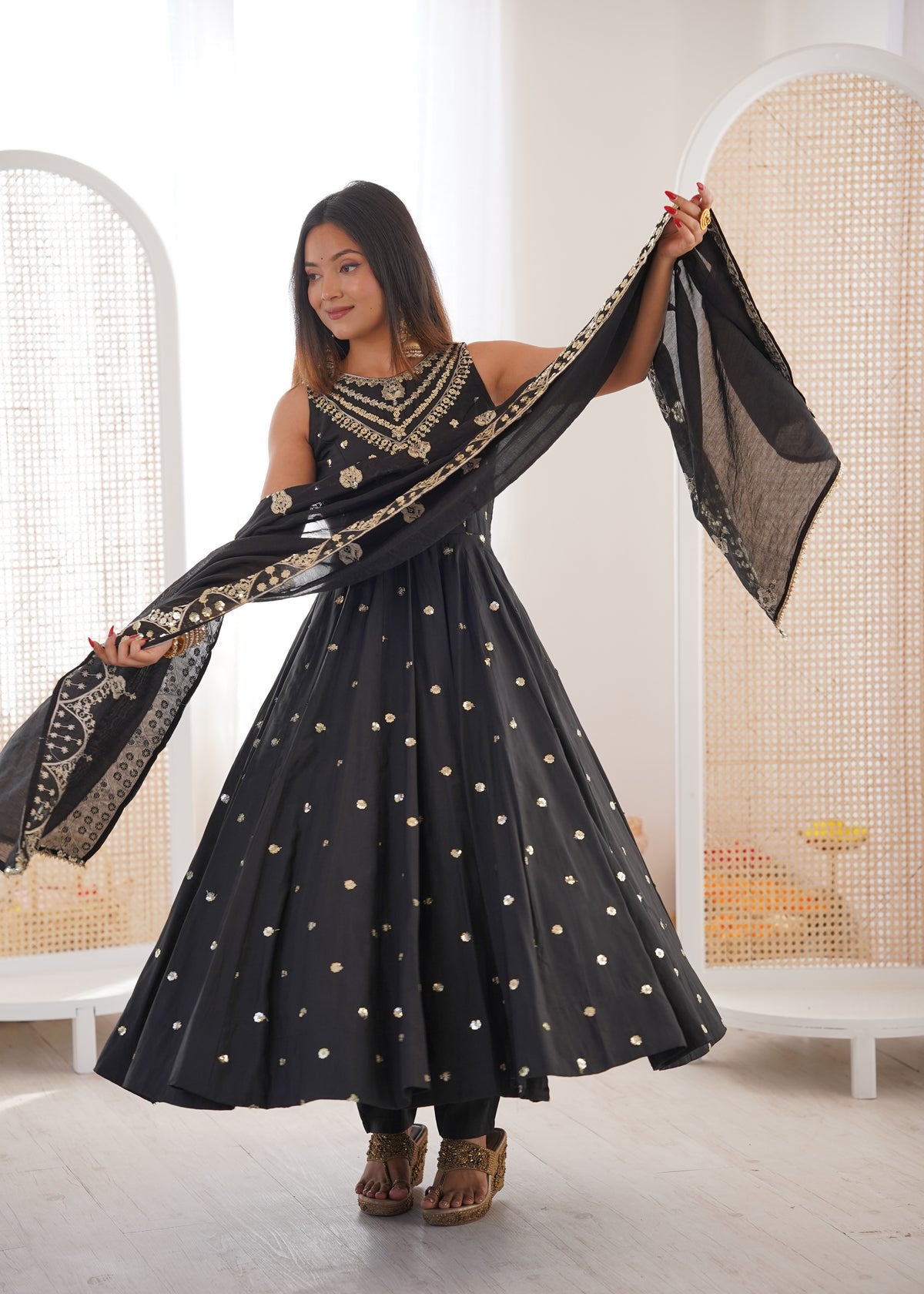 Silk Anarkali Gown Set Featuring Intricate Mirror-Work Embroidery
