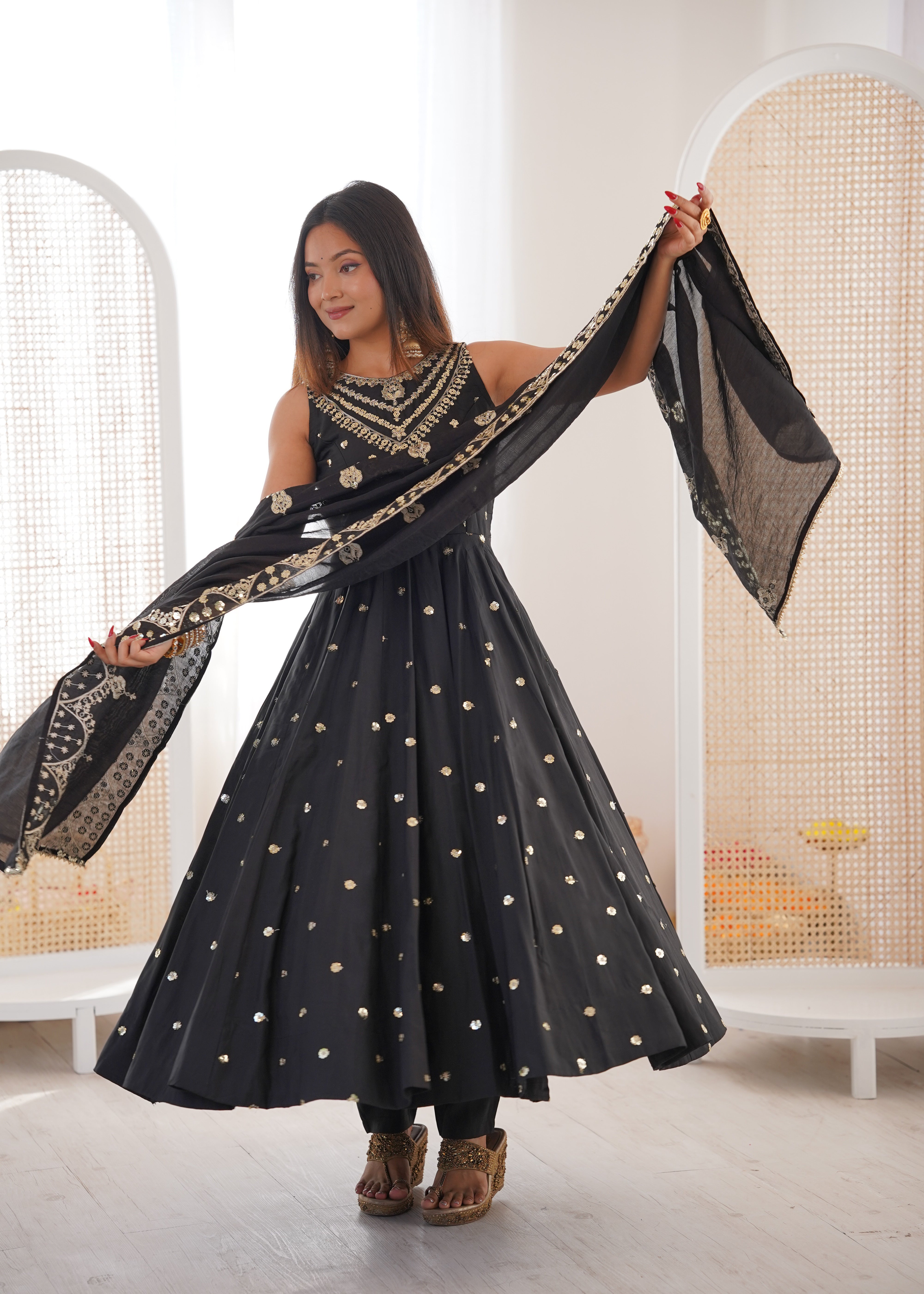 Silk Anarkali Gown Set Featuring Intricate Mirror-Work Embroidery
