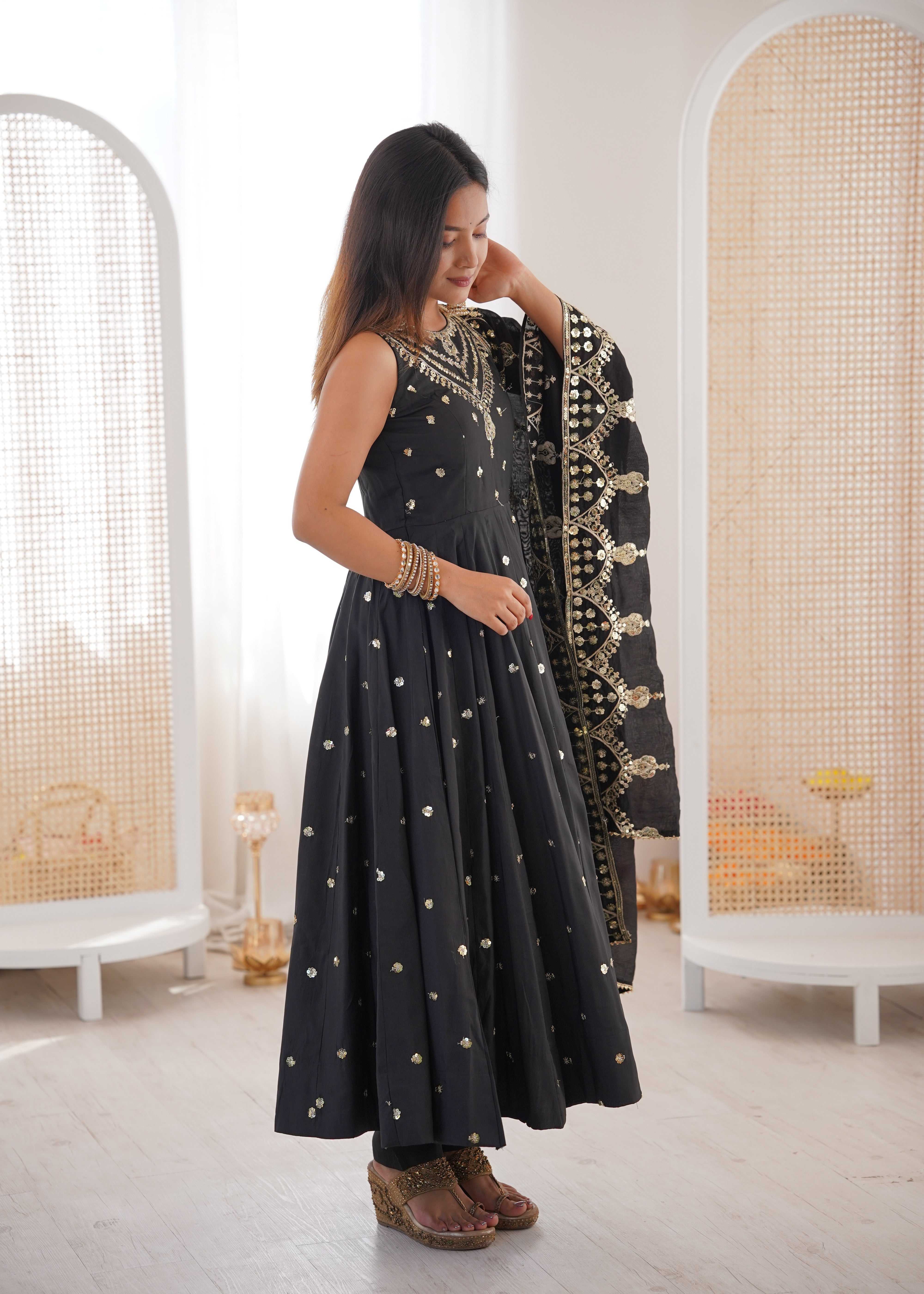 Silk Anarkali Gown Set Featuring Intricate Mirror-Work Embroidery