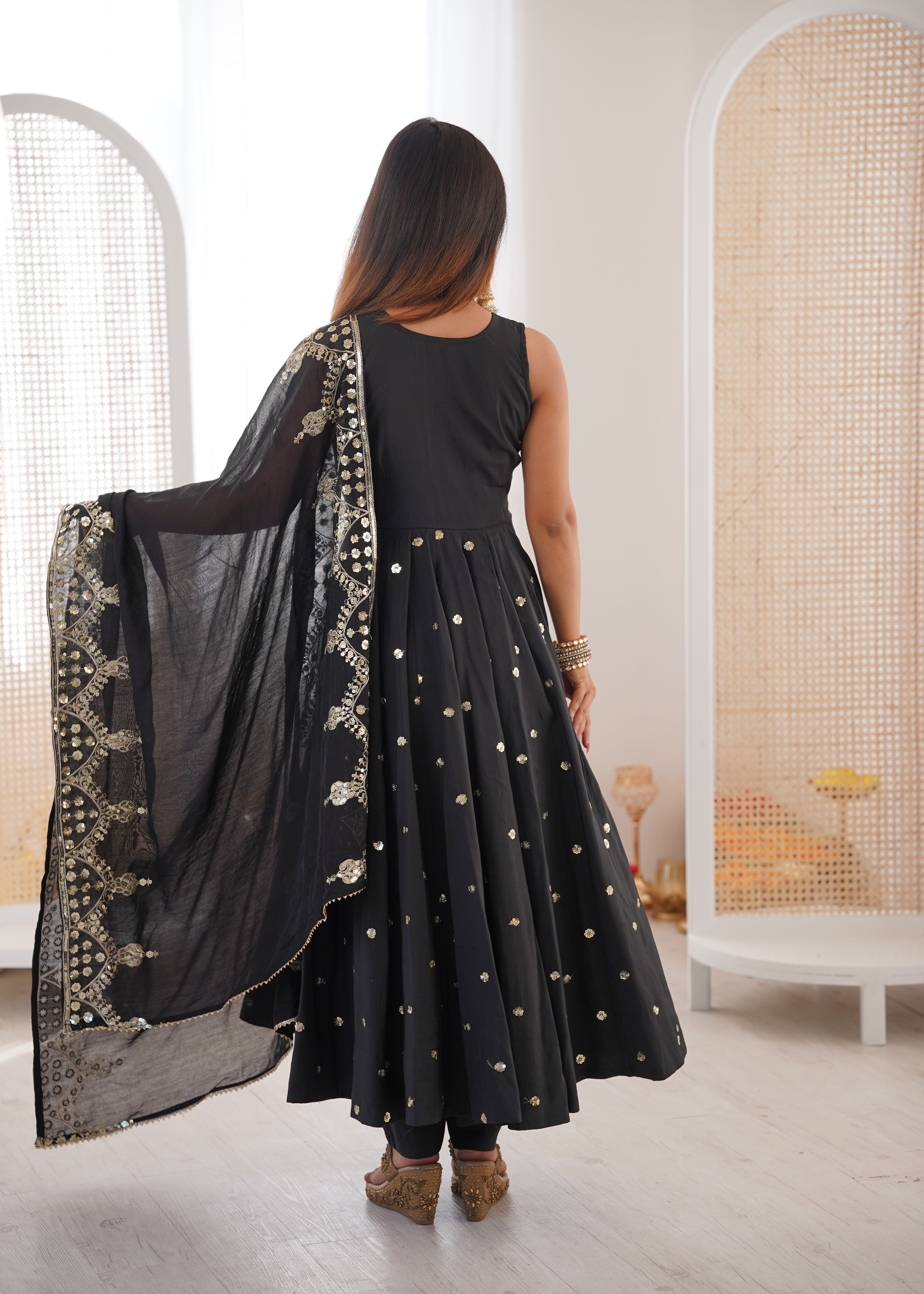 Silk Anarkali Gown Set Featuring Intricate Mirror-Work Embroidery
