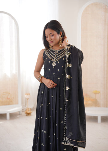 Silk Anarkali Gown Set Featuring Intricate Mirror-Work Embroidery