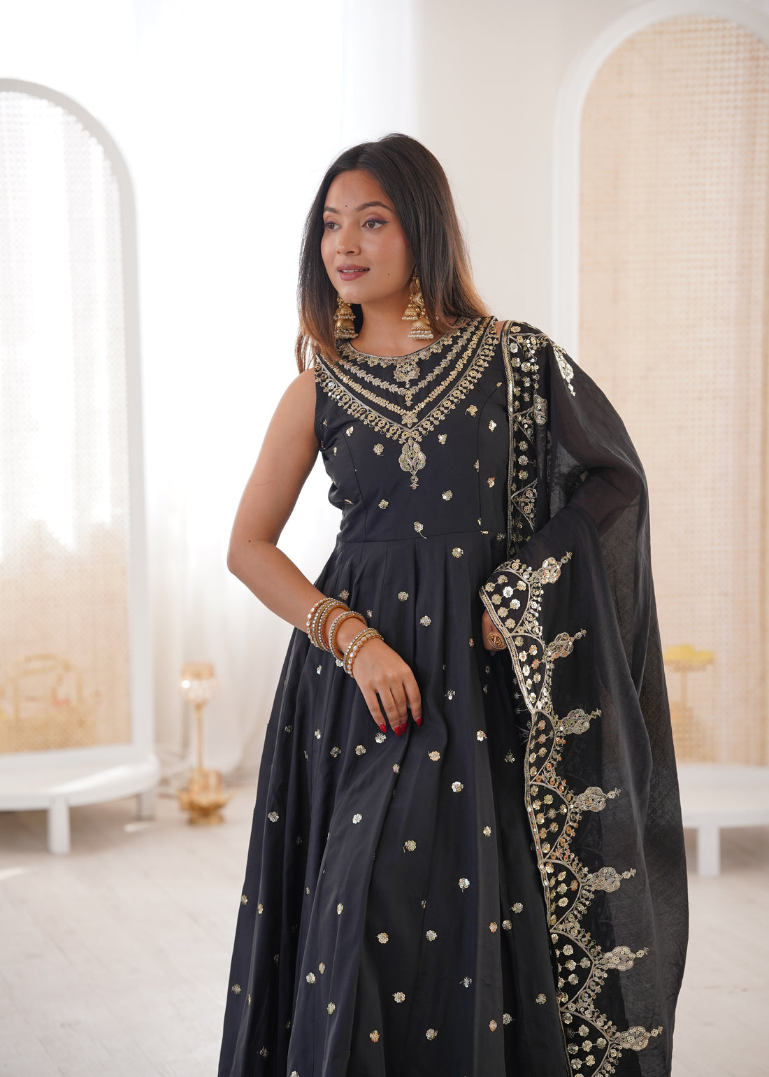 Silk Anarkali Gown Set Featuring Intricate Mirror-Work Embroidery