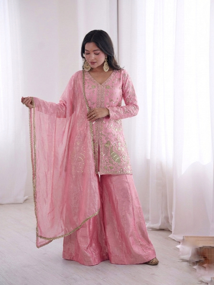 Fendy Silk Embroidered Short Kurta with Sharara & Dupatta Set