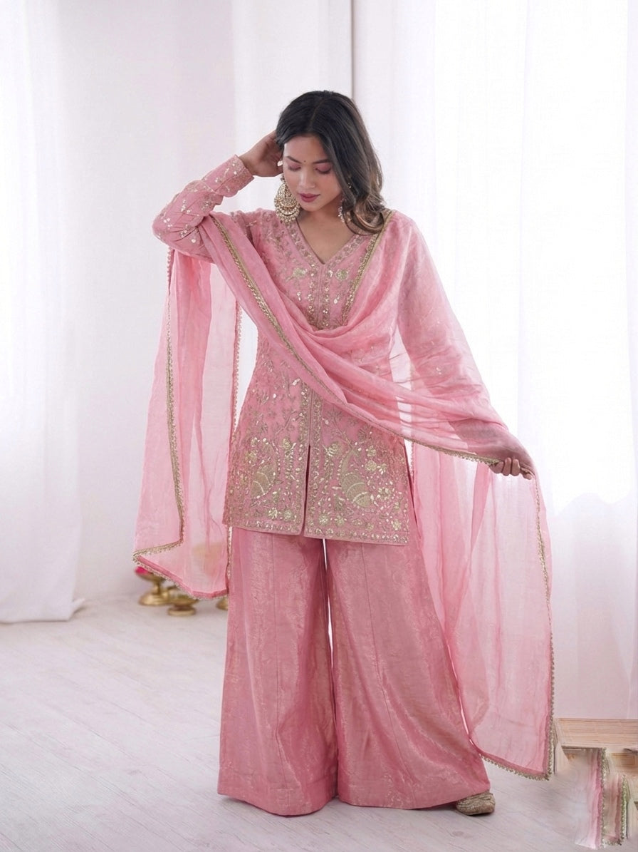 Fendy Silk Embroidered Short Kurta with Sharara & Dupatta Set