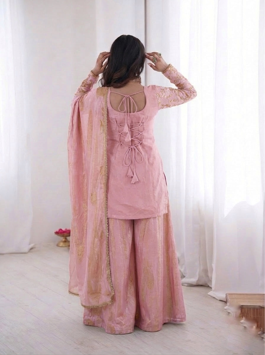 Fendy Silk Embroidered Short Kurta with Sharara & Dupatta Set