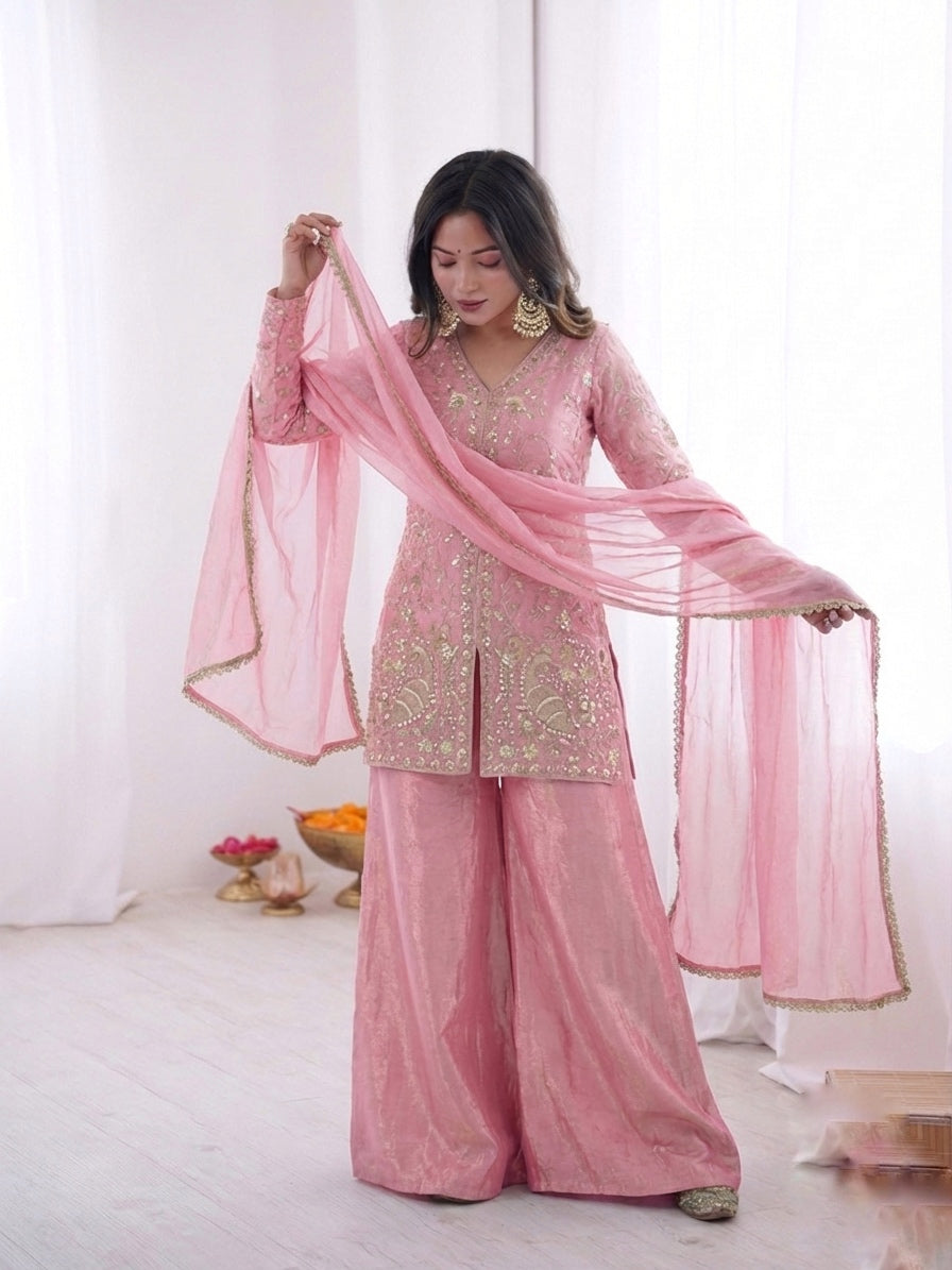 Fendy Silk Embroidered Short Kurta with Sharara & Dupatta Set