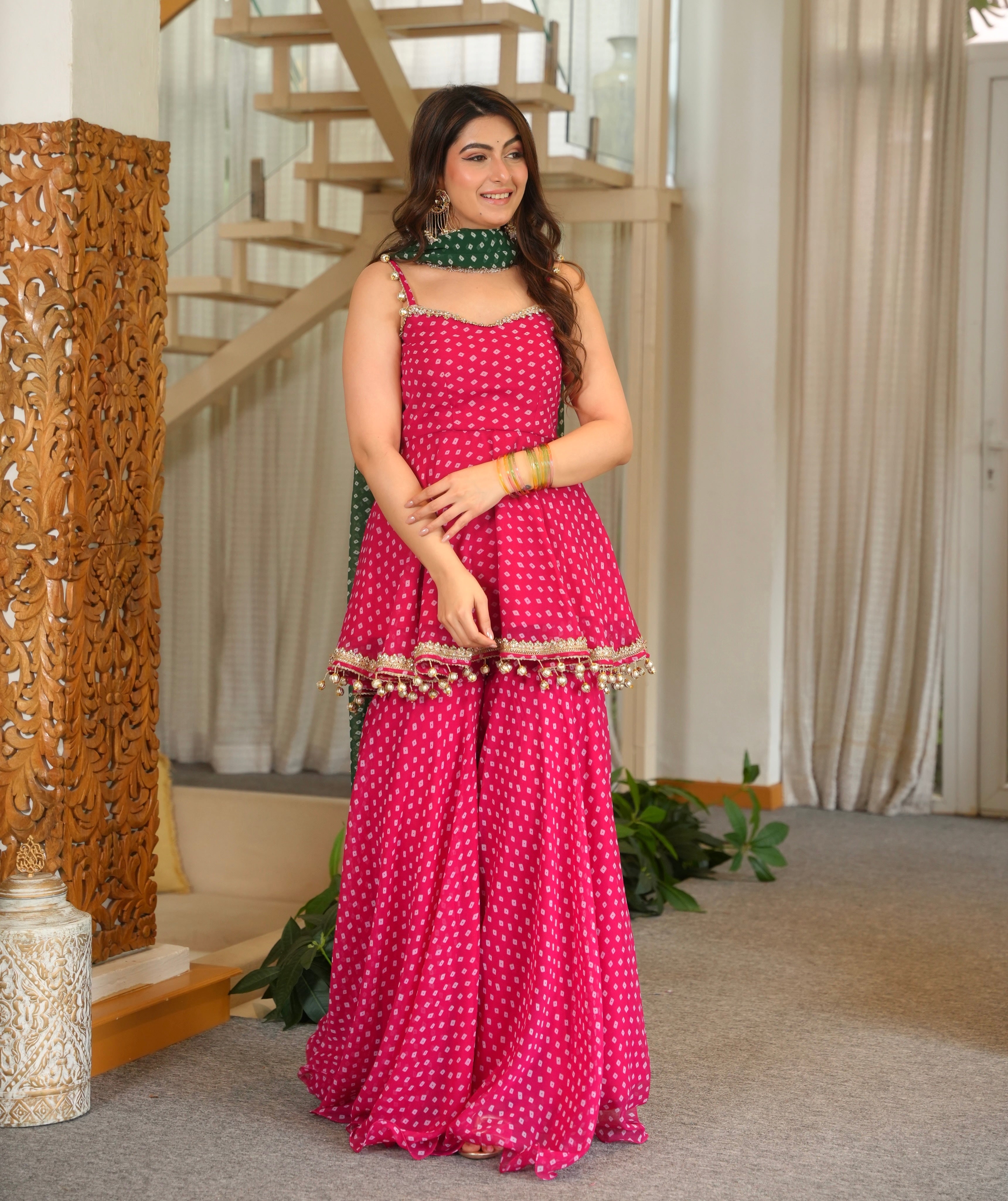 Vibrant Pink Bandhei Print Sharara Set
