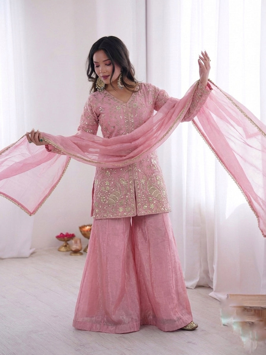 Fendy Silk Embroidered Short Kurta with Sharara & Dupatta Set