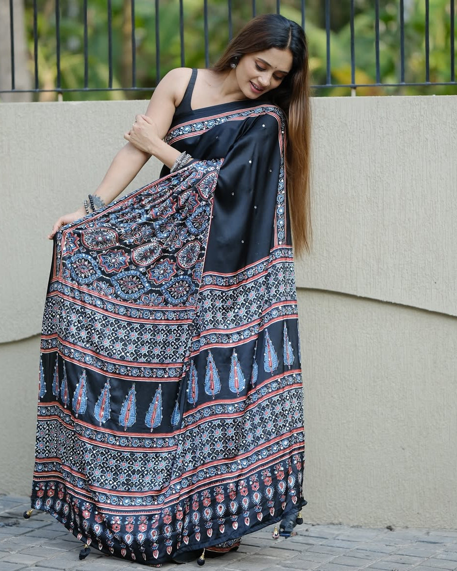 Black Ajrakh Printed Modal Silk Saree with Designer Pallu & Attached Blouse