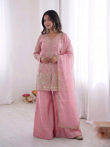 Fendy Silk Embroidered Short Kurta with Sharara & Dupatta Set