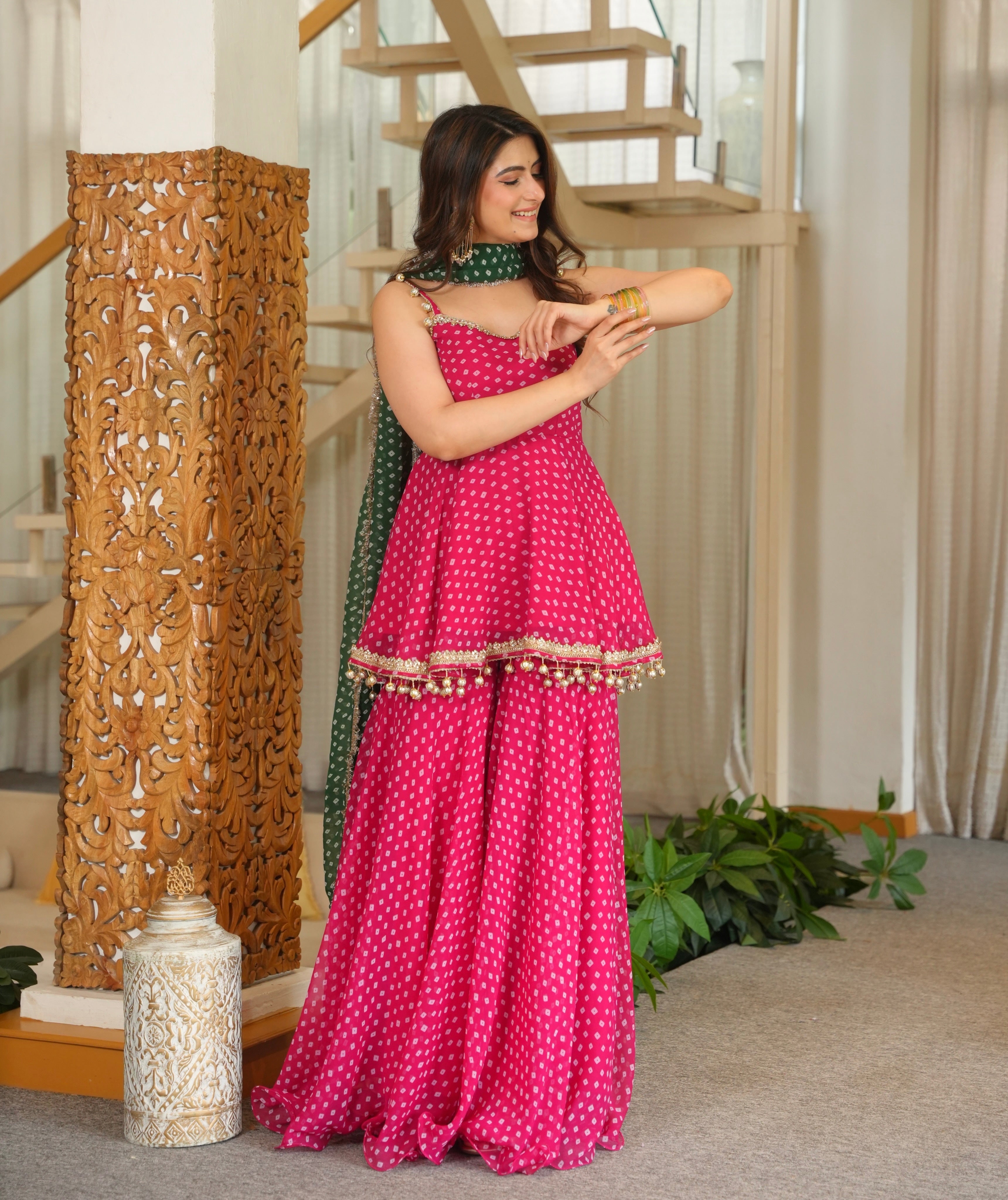 Vibrant Pink Bandhei Print Sharara Set