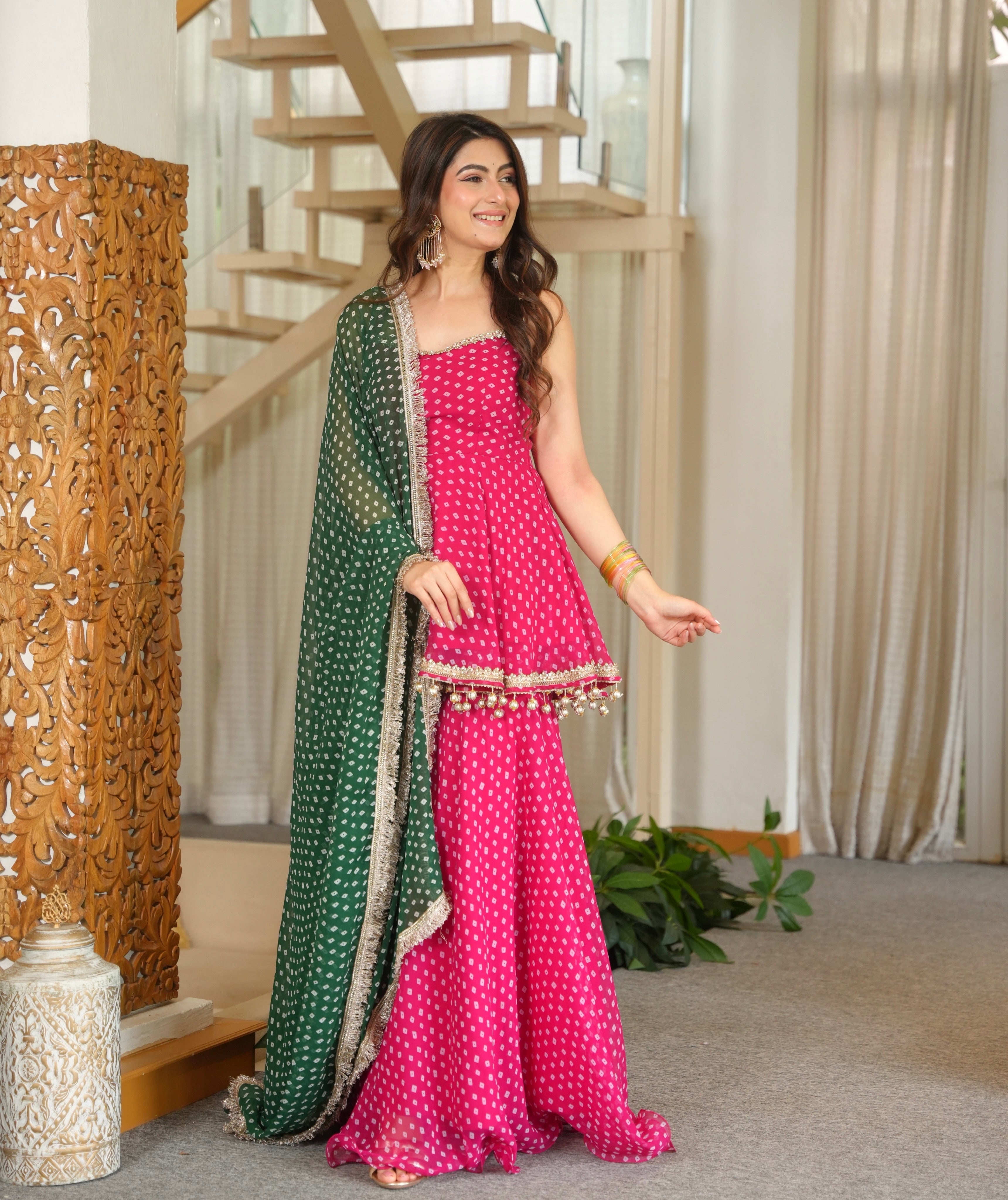 Vibrant Pink Bandhei Print Sharara Set