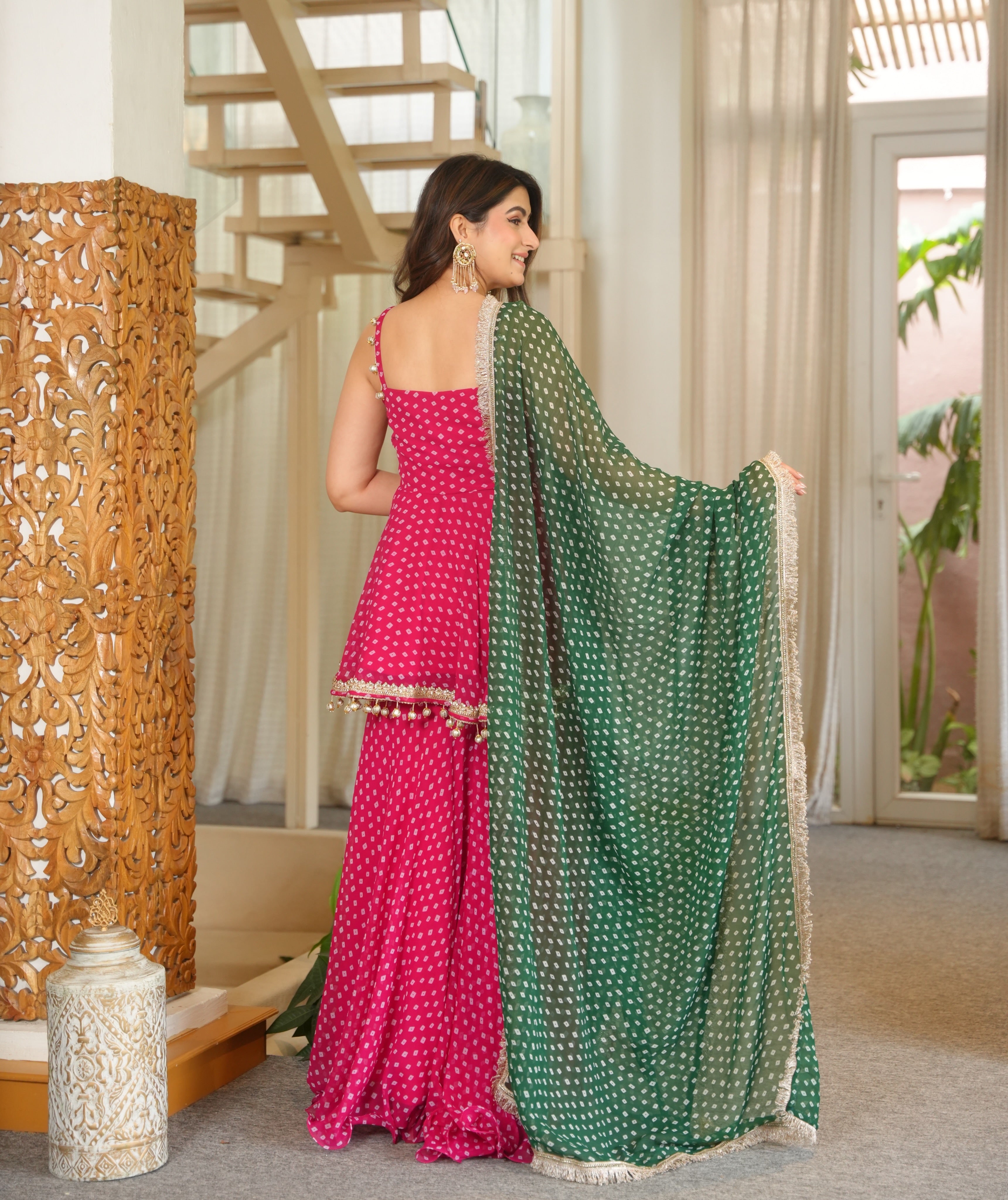 Vibrant Pink Bandhei Print Sharara Set