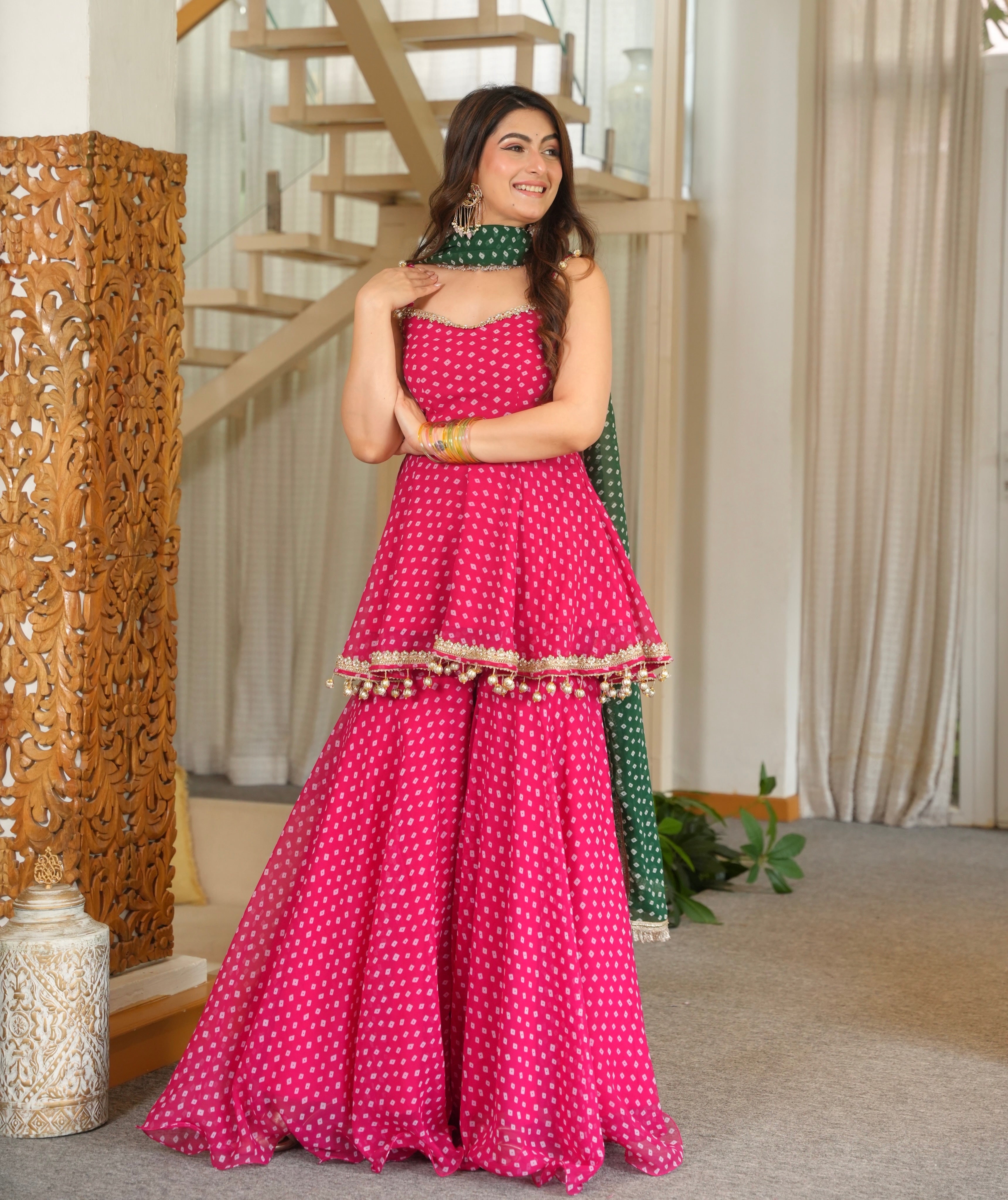 Vibrant Pink Bandhei Print Sharara Set