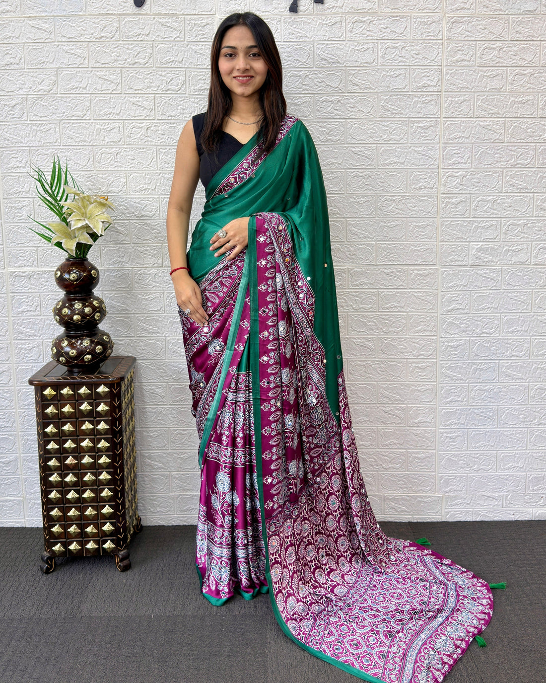 Emerald Green Ajrakh Printed Modal Silk Saree with Designer Pallu & Tassels