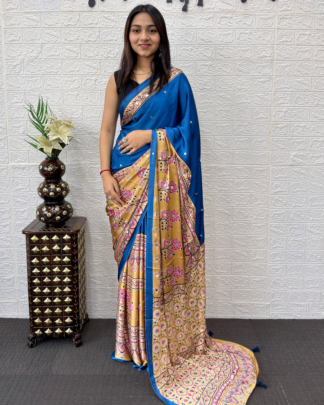 Royal Blue Modal Silk Saree with Beige Floral Printed Designer Pallu & Tassels