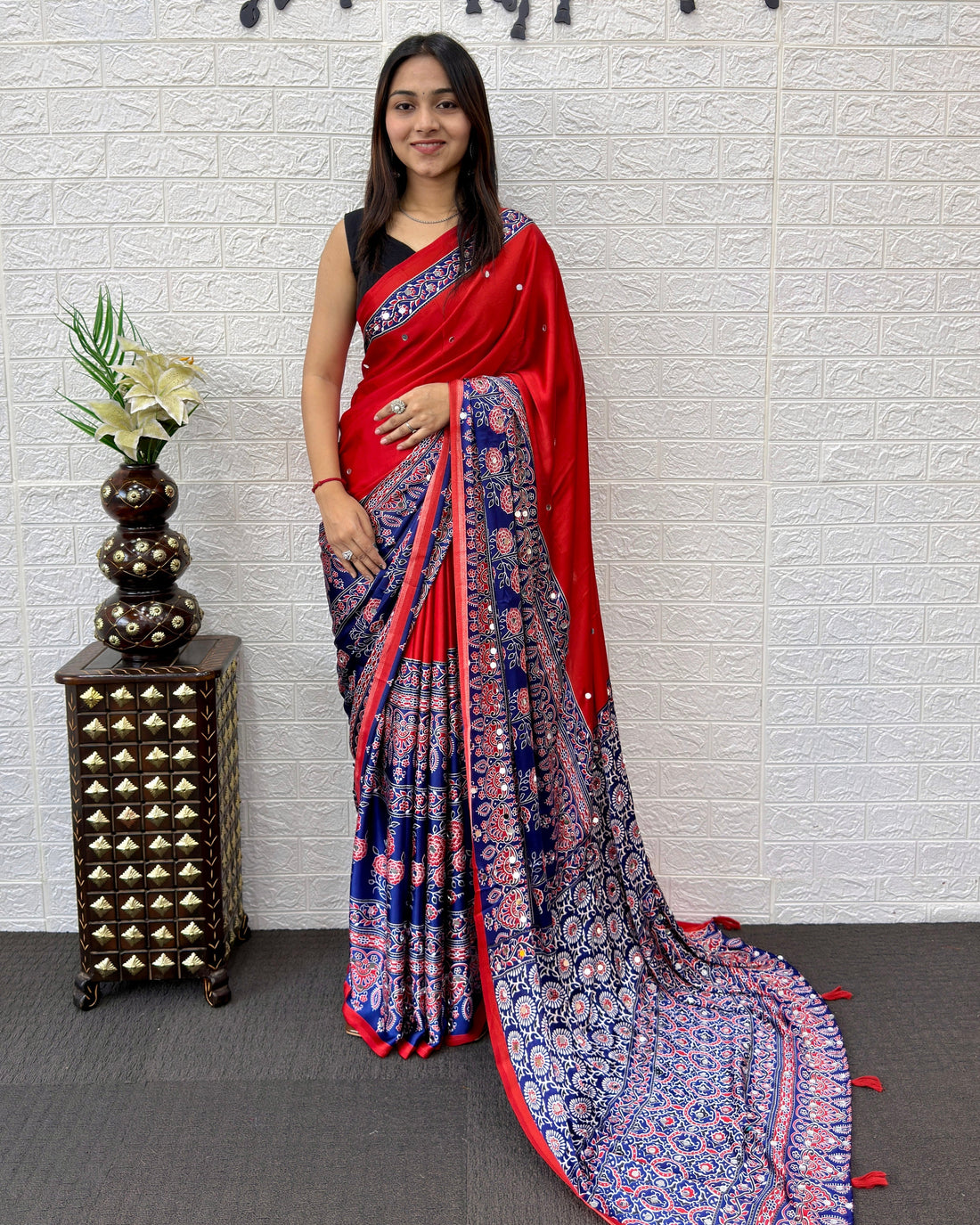 Scarlet Red Modal Silk Saree with Navy Blue Ajrakh Printed Designer Pallu