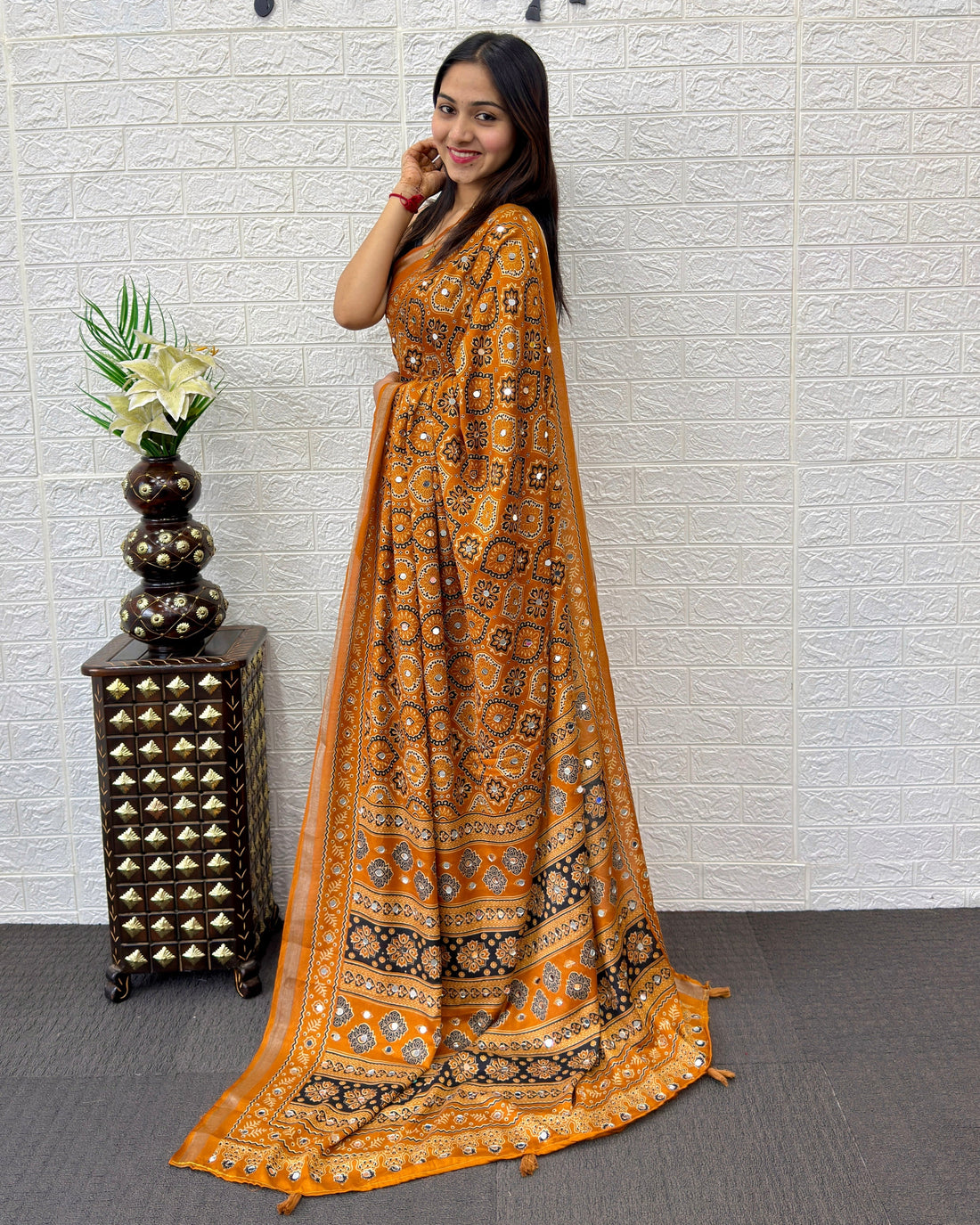 Mustard Orange Modal Silk Saree with Traditional Ajrakh Print & Designer Pallu